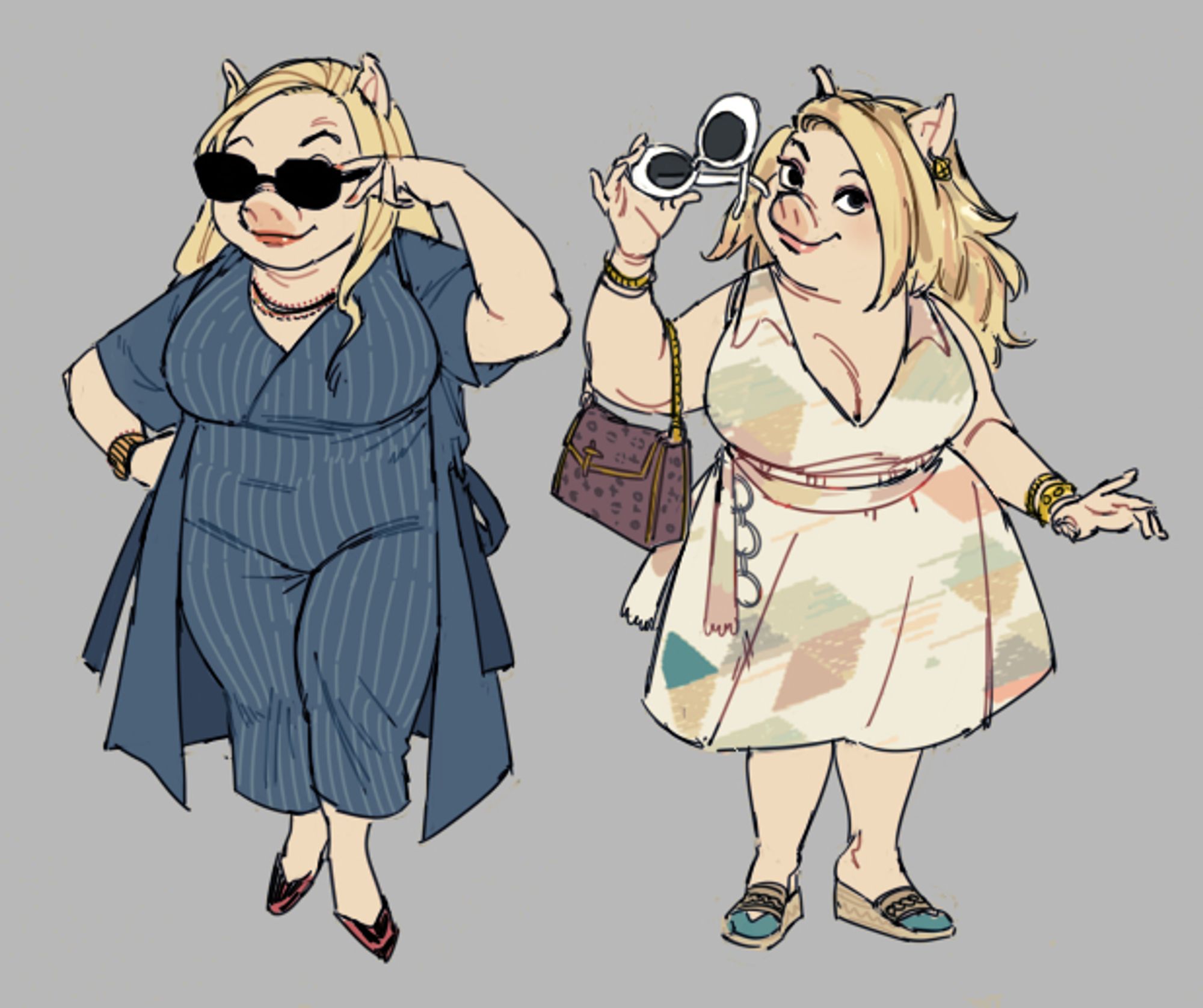 fashion illustrations of a version of Miss Piggy in modern casual wear