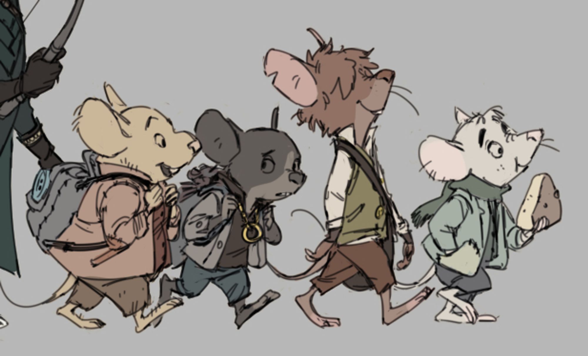 illustrated concept art evoking classic dark 1980s animated fantasy movies, that shows the four hobbits as little animated mice