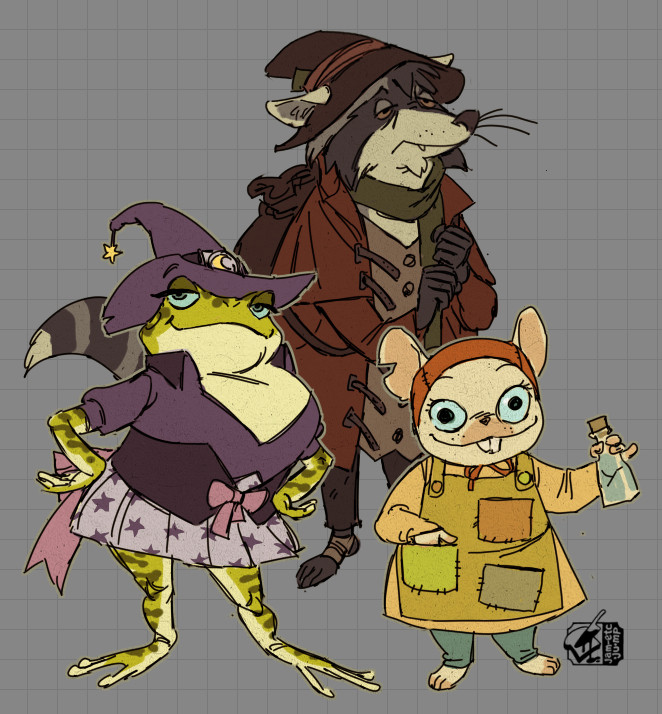 illustrations of a few of the player characters in Avantris: Uprooted. Peggy, a sexy frog sorceress with a purple wizard hat, and purple bodice and star-patterned skirt. Booker, a tired and shifty looking raccoon with an orange duster and a bag, as well as a slouchy peasant's hat. Bitsy, a creepy little wall-eyed mouse wearing a smock with lots of pockets, holding a bottle. it's yellowed and has a bit of paper texture to emulate an old printed fairy tale book