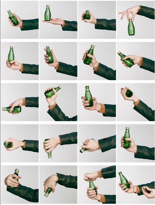 Various reference photo poses of someone holding a bottle, showing difficult to draw angles