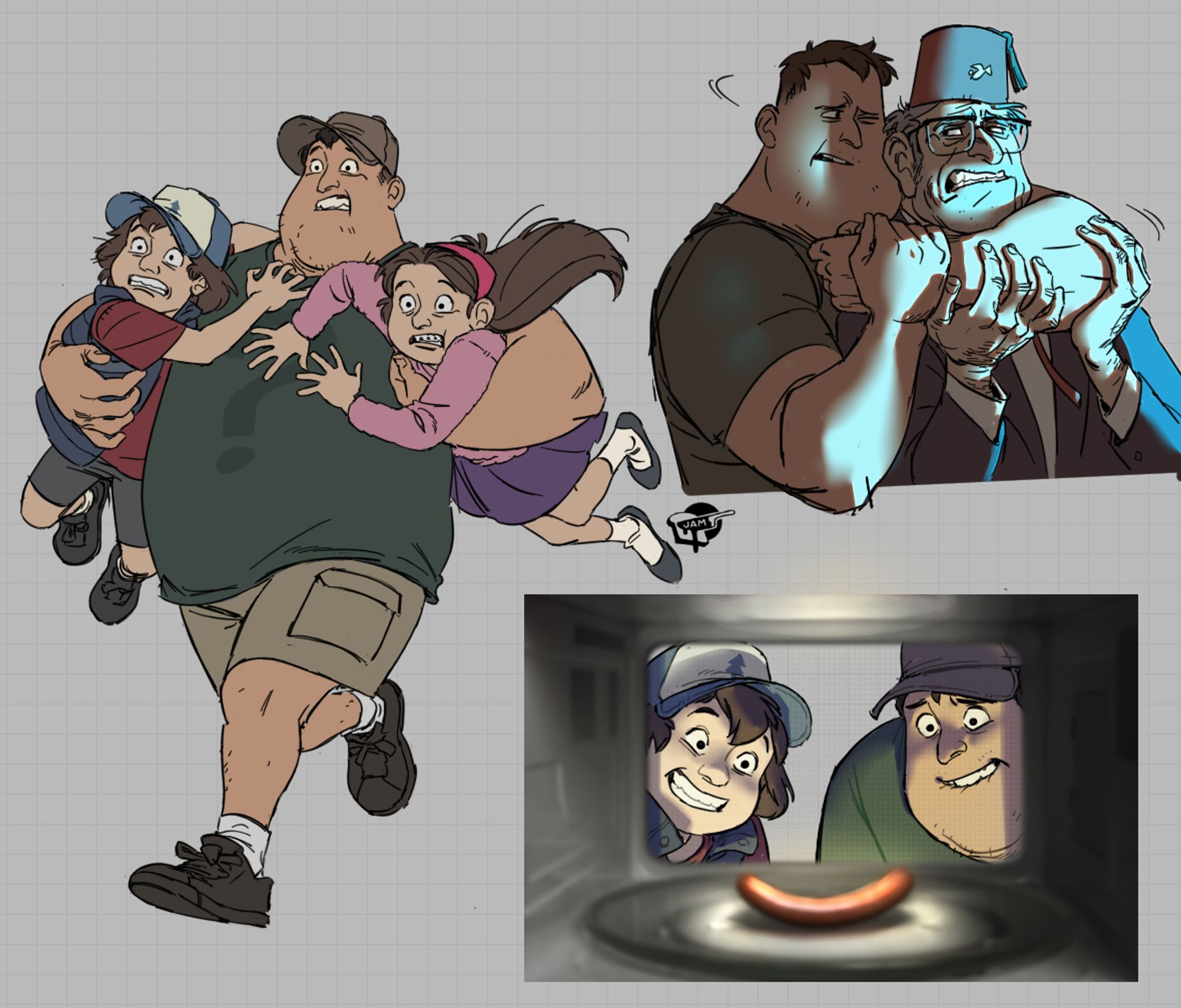 illustrations of gravity falls character Soos- a big guy with a mystery shack question mark staff shirt- rescuing other series characters dipper and mabel by carring them like sacks of flour, him and dipper staring into a microwave dangerously waiting for a hot dog to explode, and a moment from season 2 wherein he is made to restrain grunkle stan under suspicion of lying, spoilers!!