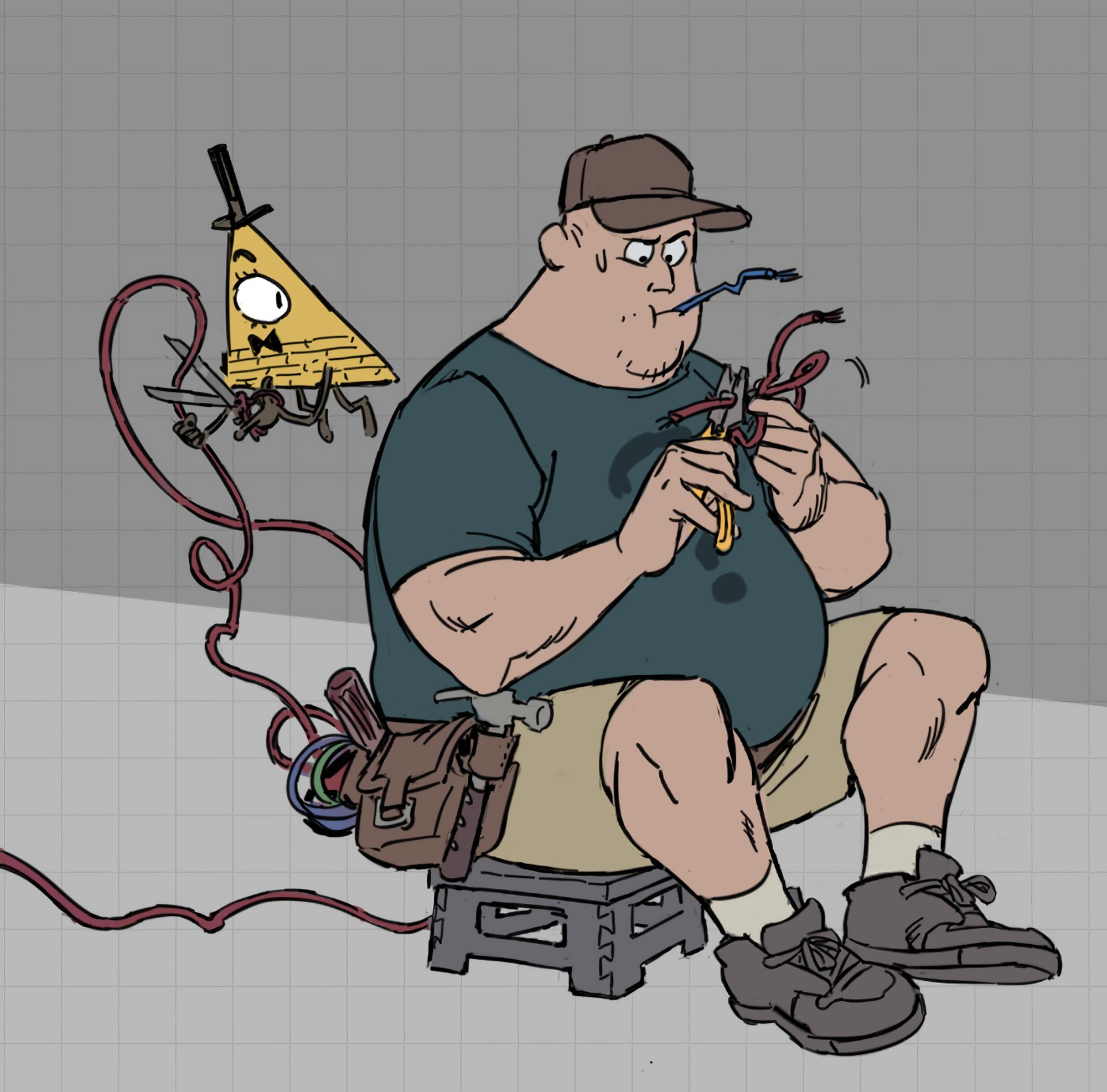 Soos of Gravity Falls, attempting to repair some electrical wires, an allusion to the 404 page of the ARG about the tv series/books that's currently ongoing. He sits on a little stool and Bill Cypher, the antagonist its about, sabotages his hard work from behind with some scissors