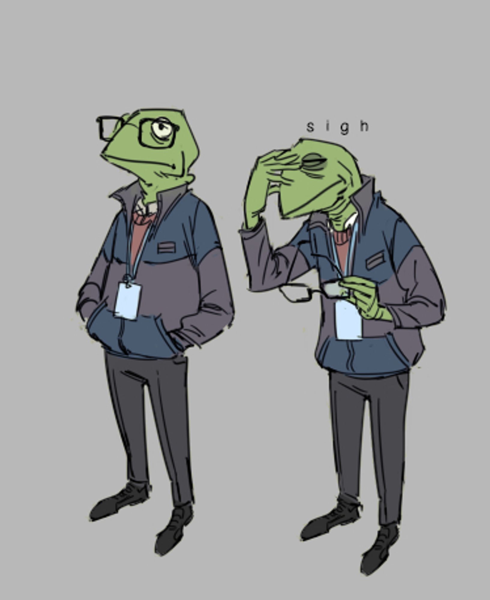 fashion illustrations of a version of Kermit as some sort of managerial guy wearing a staff jacket and lanyard