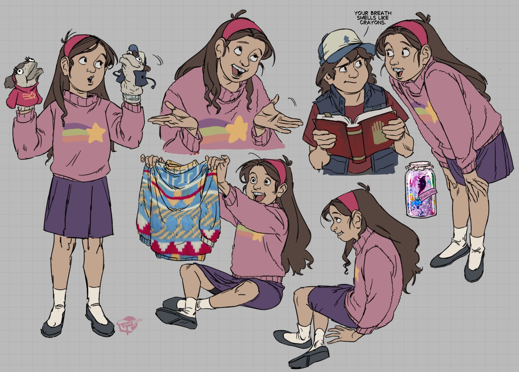 illustrations of Mabel from Gravity Falls, with her iconic star sweater: examining an ugly sweater, playing with sock puppets, harassing her brother