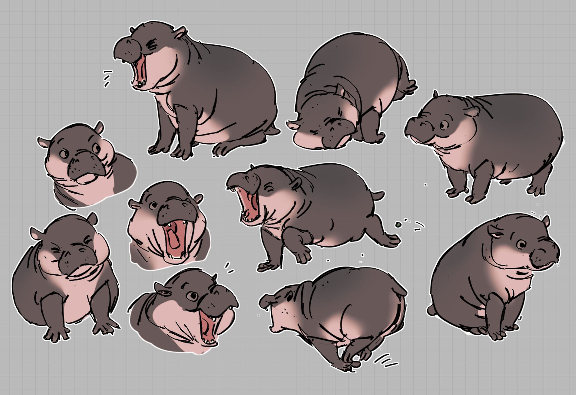 a sheet of expressions and drawings of Moo Deng, beloved thailand baby pygmy hippo with attitude. She's running around, yelling, sitting, sleeping, generally being a big baby