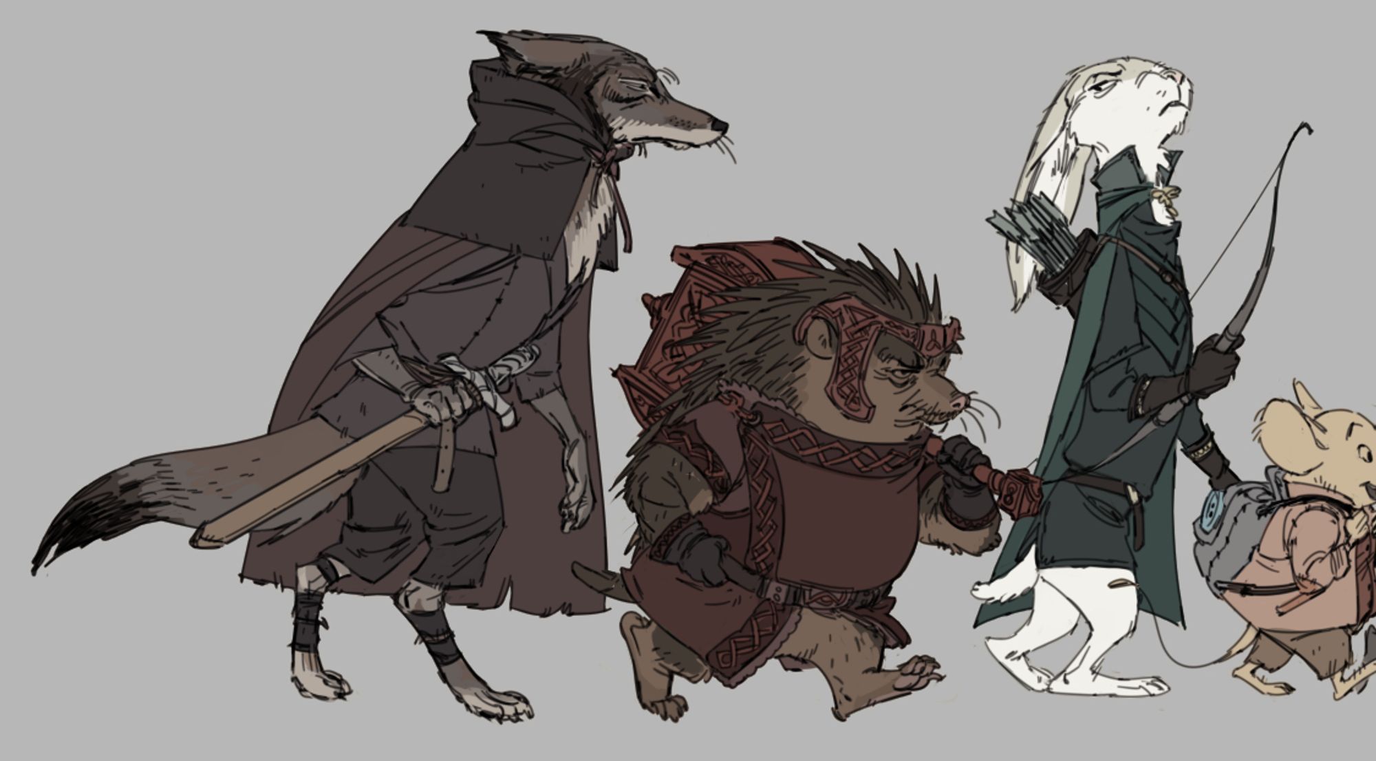 illustrated concept art evoking classic dark 1980s animated fantasy movies, that shows Aragorn(a coyote), Gimli(a hedgehog), Legolas(a white/yellow hare)