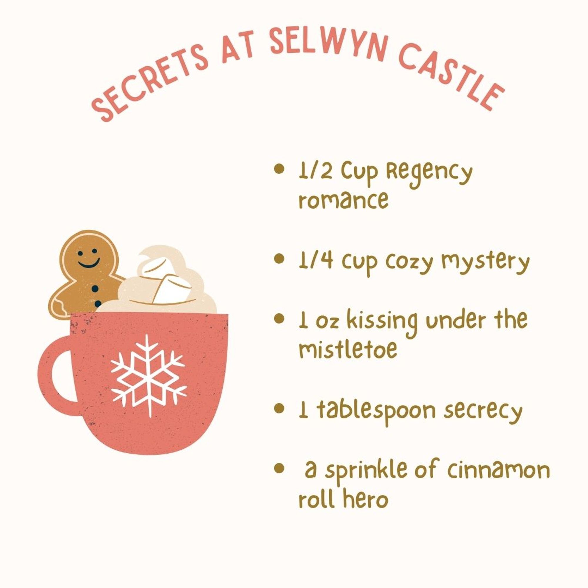 Beige square with curved red letters reading “Secrets at Selwyn Castle.” On the left is a drawing of a mug of hot chocolate topped with marshmallows and a small gingerbread man. On the right is a list of tropes organized like a recipe, with brown text reading “1/2 cup Regency romance. ¼ cup cozy mystery. 1 oz kissing under the mistletoe. 1 tablespoon secrecy. A sprinkle of cinnamon roll hero.”