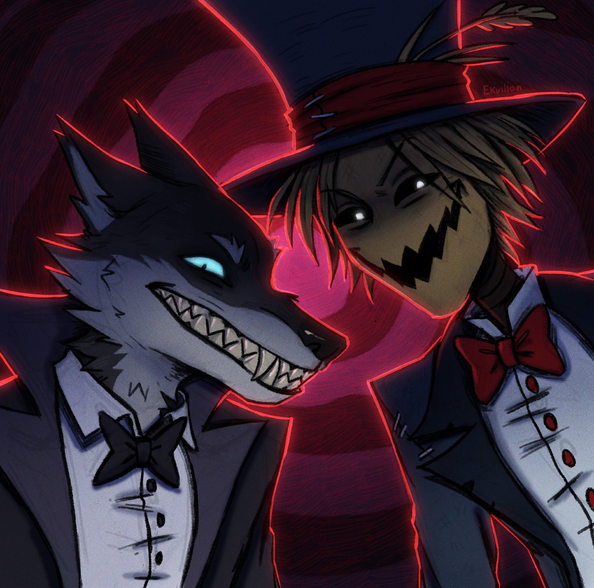 Against a spiral background, a wolf and a scarecrow stare ominously at the viewer.