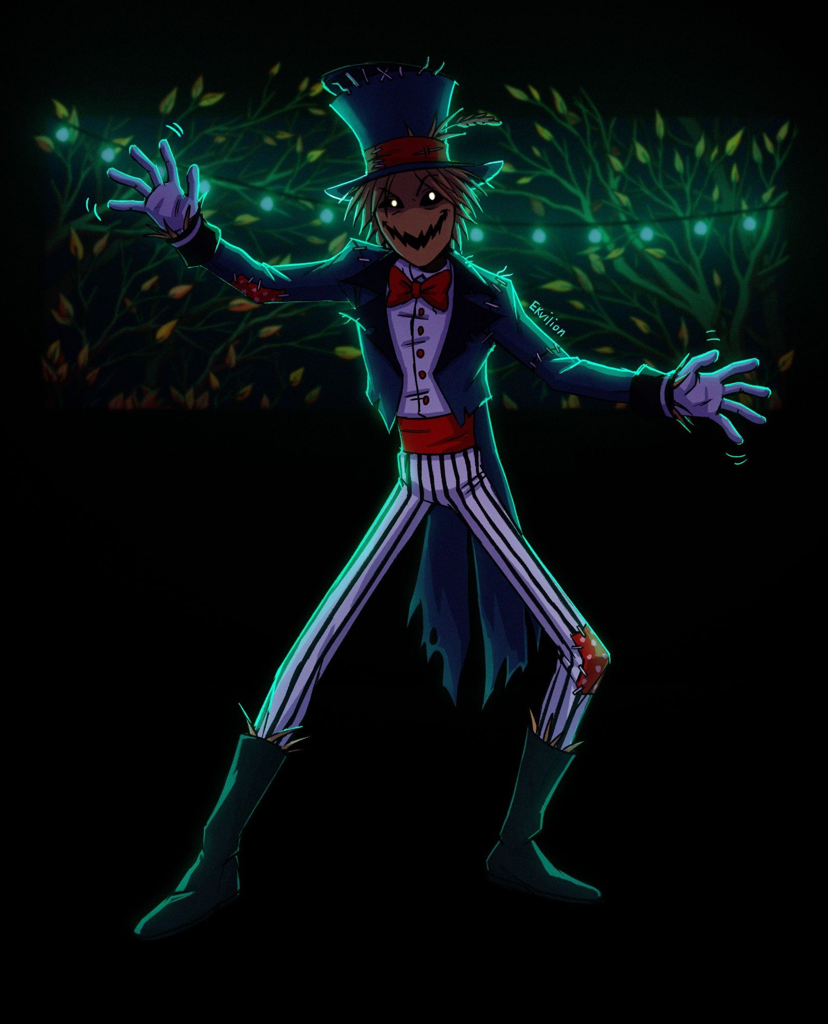 A scarecrow in a circus costume stands in a stage pose against a backdrop of garlands.