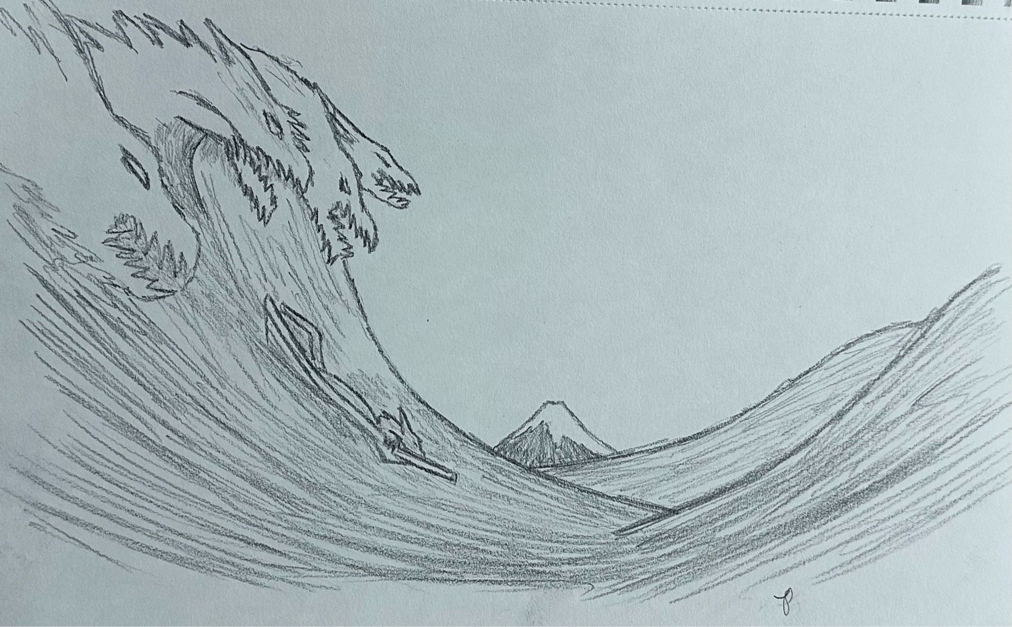 An art inspired by the Great Wave off Kanagawa. A dragon crouching in a boat being taken by a wave. The wave peaks look like dragons ready to swallow the boat with the dragon. Mount Fuji is seen in the horizon.