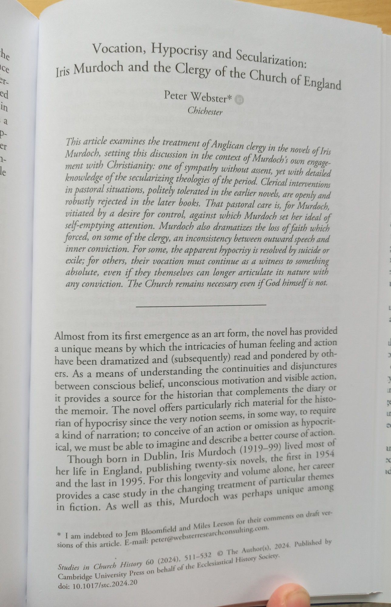 First page of 'Vocation, hypocrisy and secularization: Iris Murdoch and the Church of England'