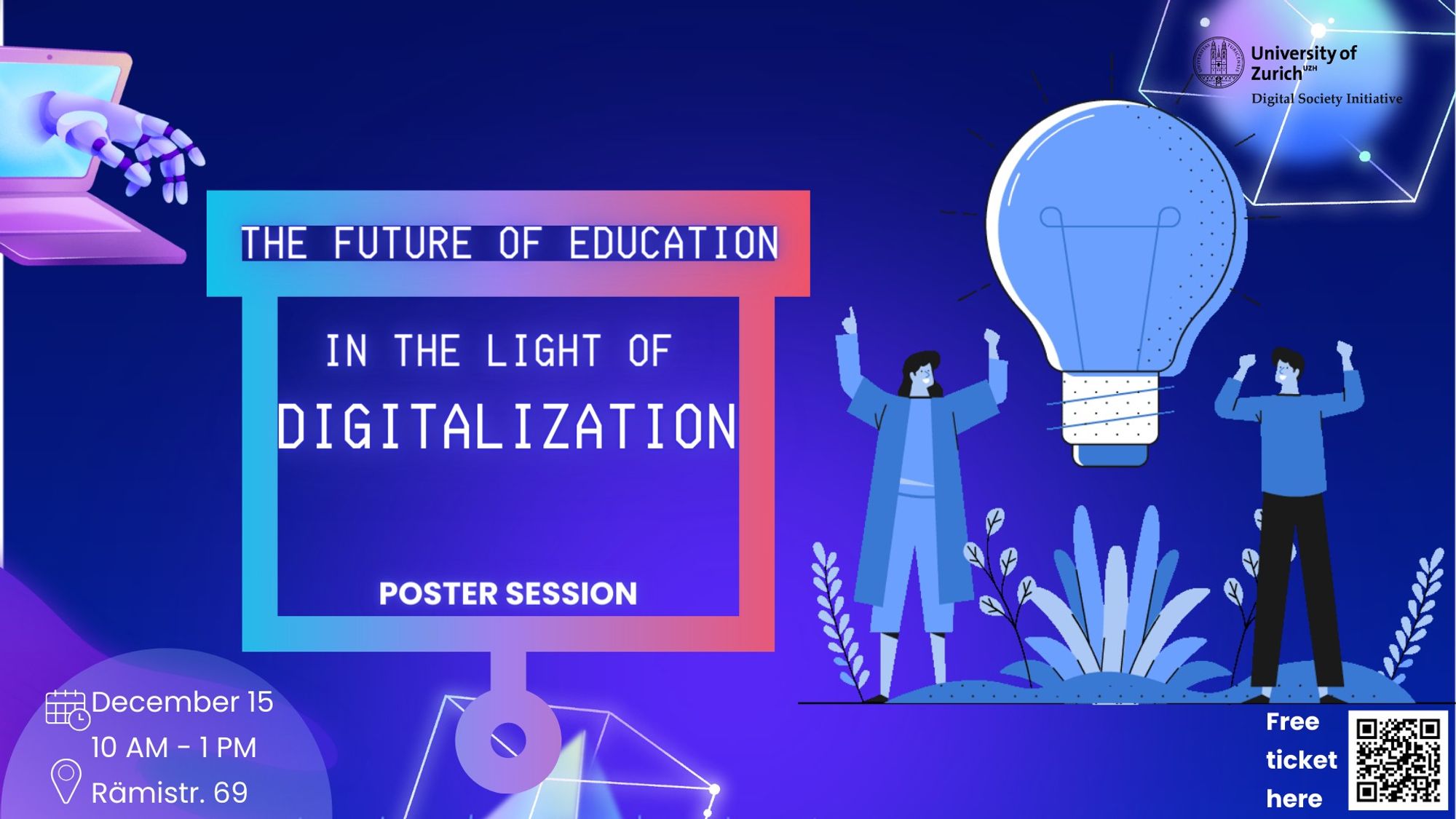 Promotional flyer for the event with information about the event and venue and the link to registration. The colours are blue, red and purple. 2 drawn people stand next to a large light bulb.