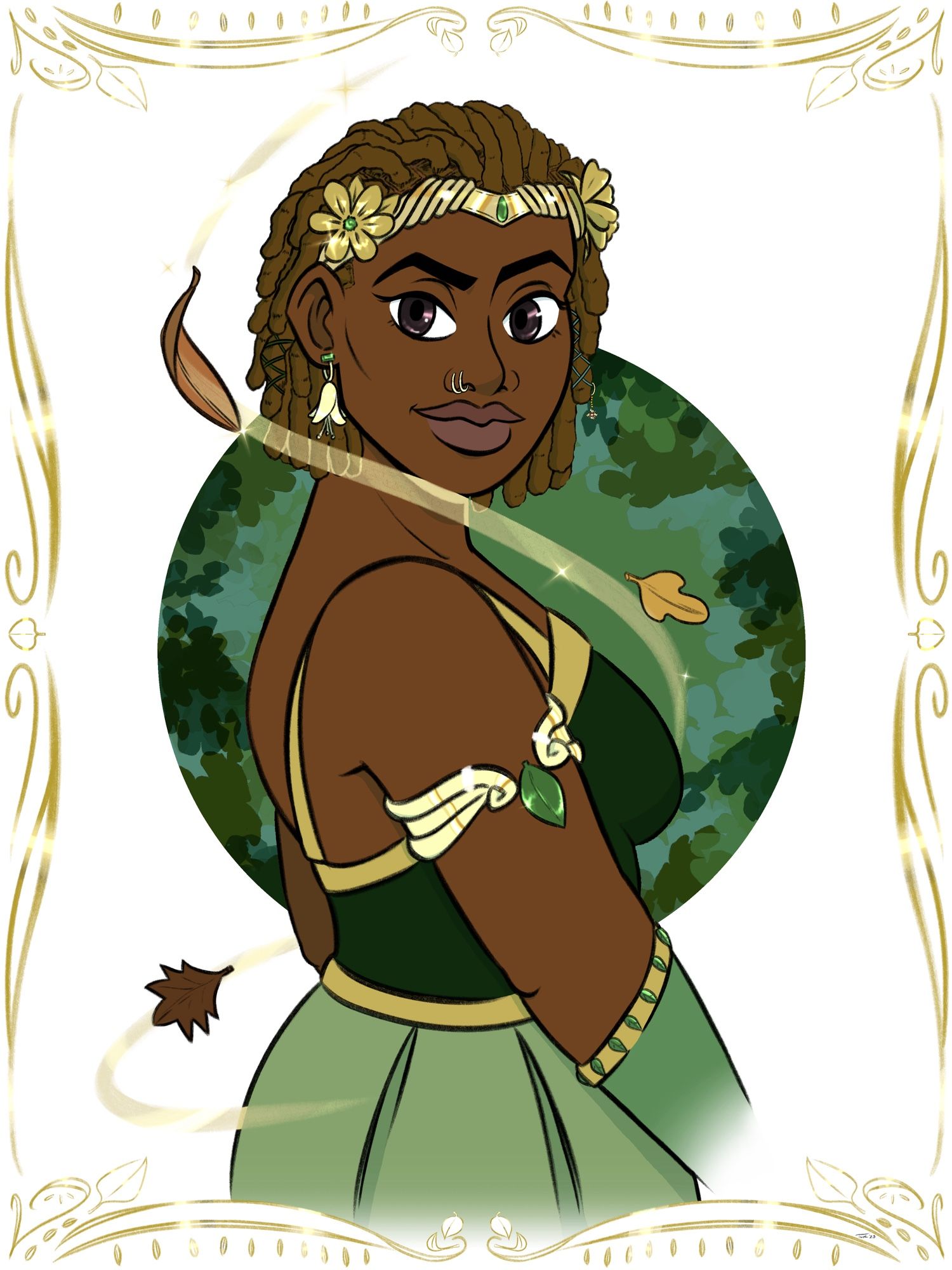 a waist up full color commission of a black fairy-like woman in a green outfit with gold accents