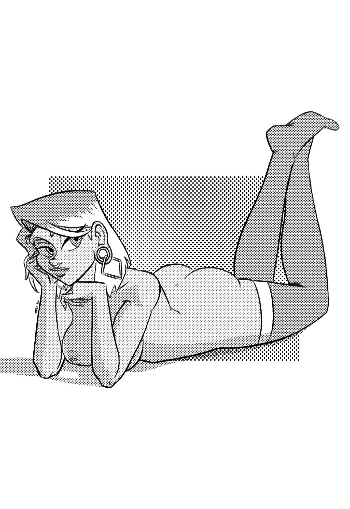 a black and white toned full body illustration of a naked woman lounging