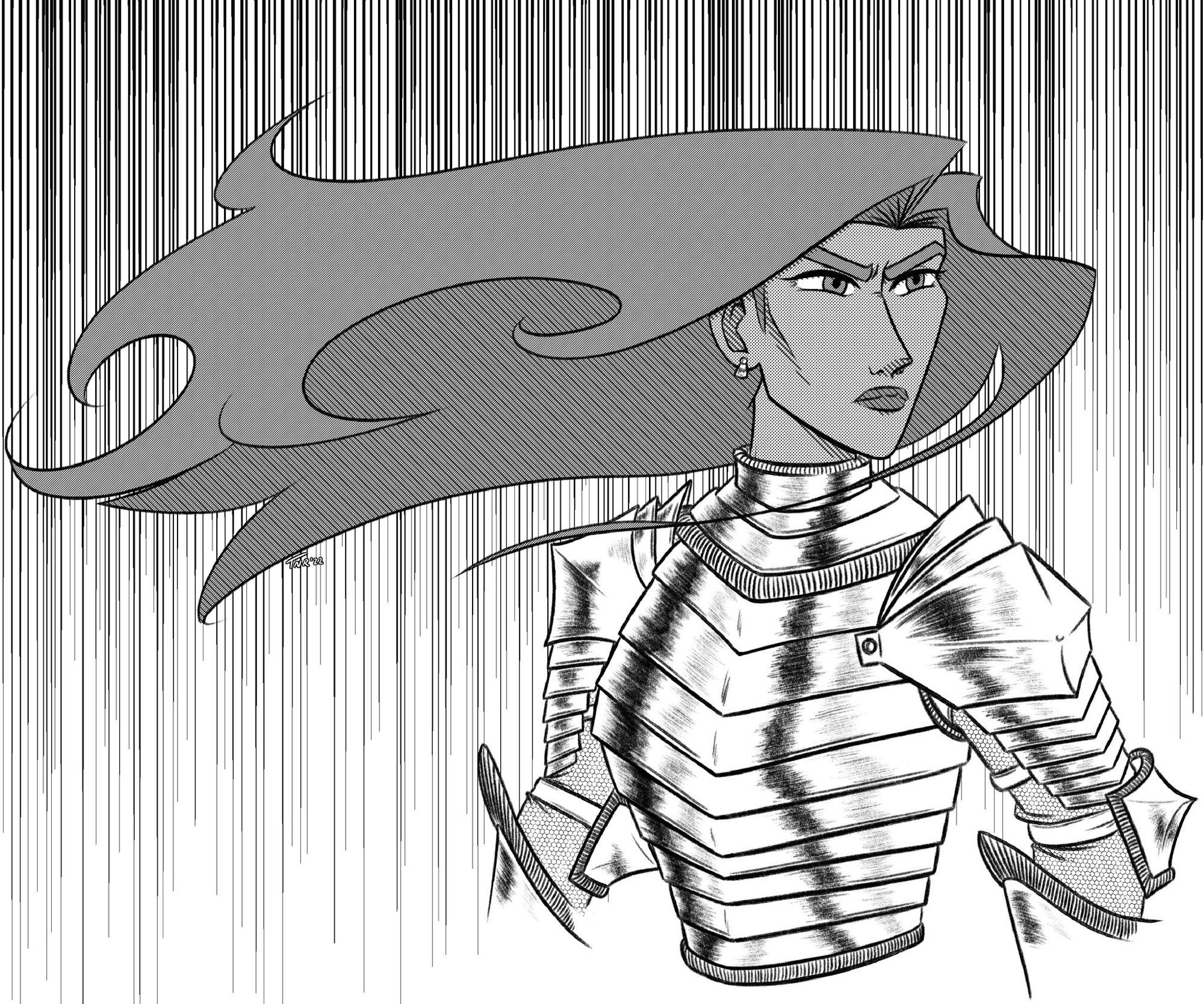 a black and white waist up illustration of a woman in knight's armor as her hair blows in the wind