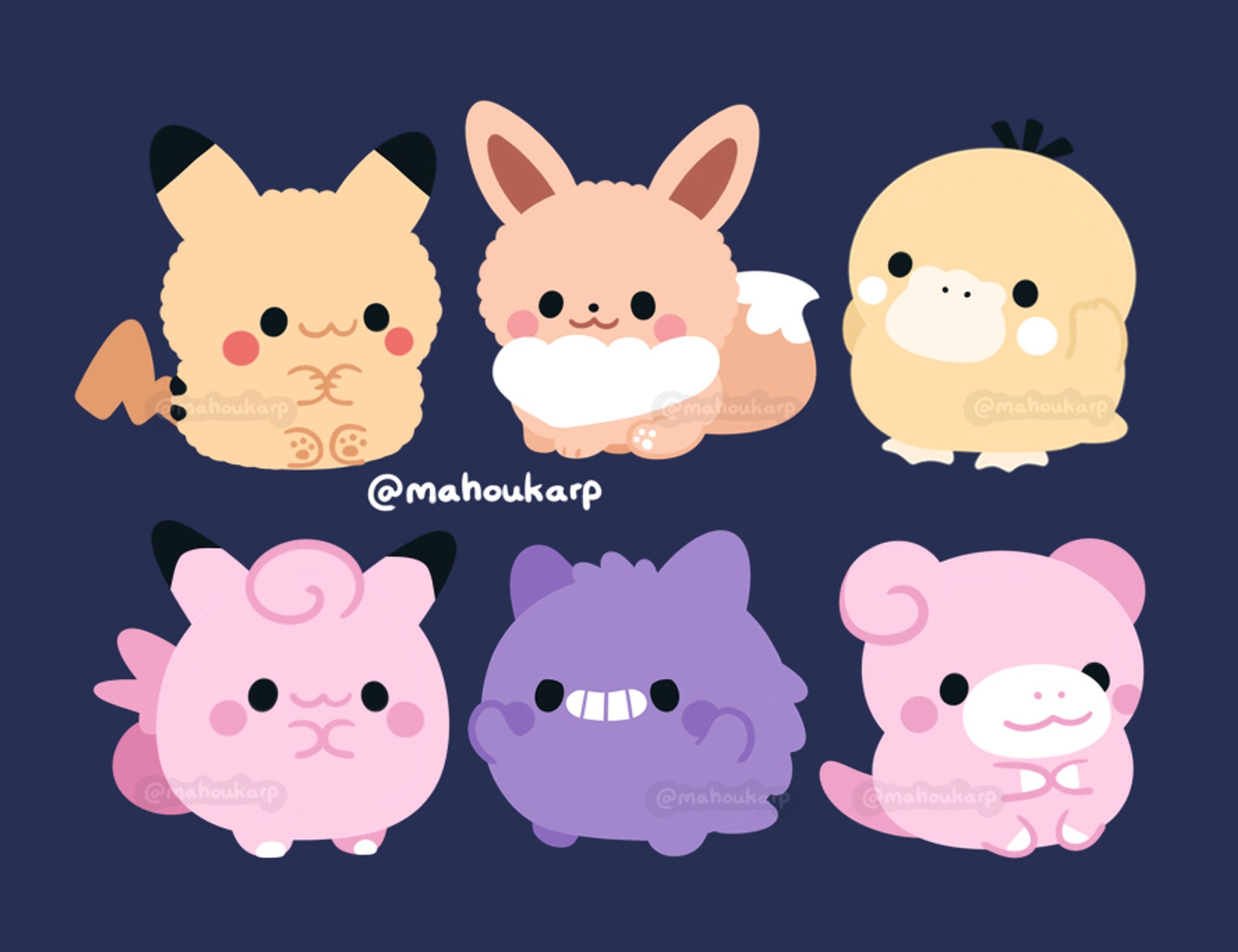 Illustration of some pokemon from gen 1 

featured are pikachu, eevee, psyduck, clefable, gengar, slowpoke