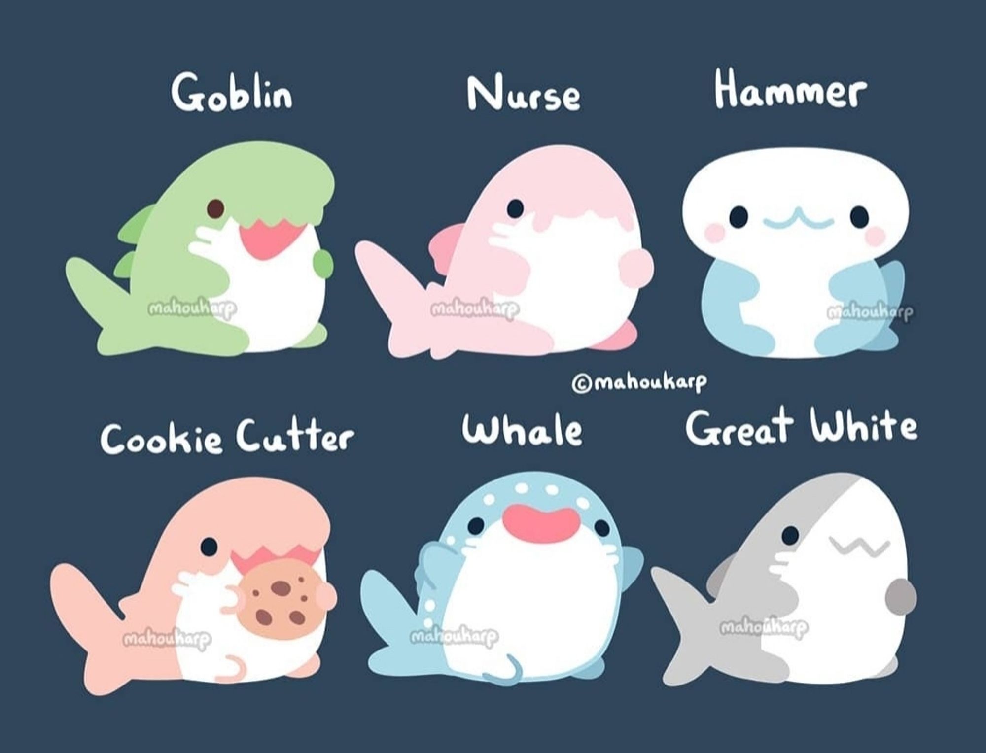 Illustration of some sharks, shorks to be exact (short sharks) 

Featured are goblin, nurse, hammer, cookie cutter, whale, great white