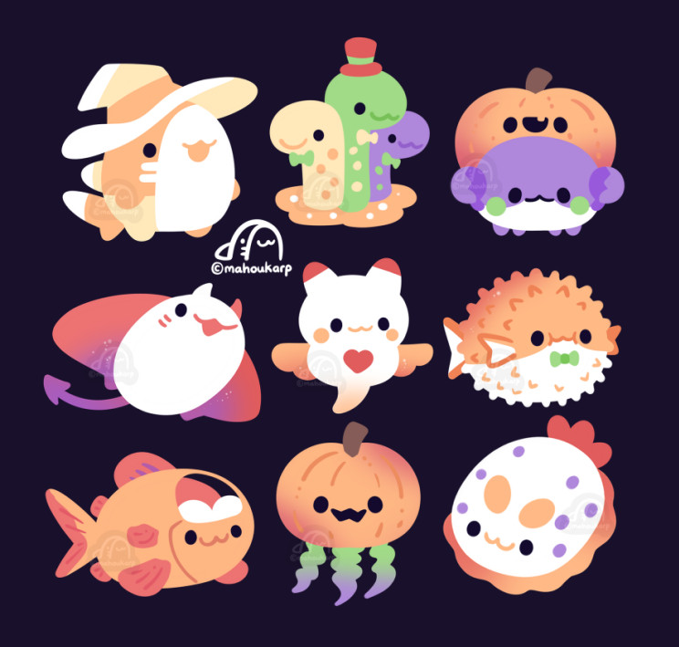 illustration of some halloween themed sea creatures 

featured are 

Mako shark dressed as a candy corn
Garden Eels 
Halloween Crab
Devil Ray
Clione also known as sea angel
Pufferfish
Barrel eye fish 
Pumpkin Jellyfish
Seabunny 