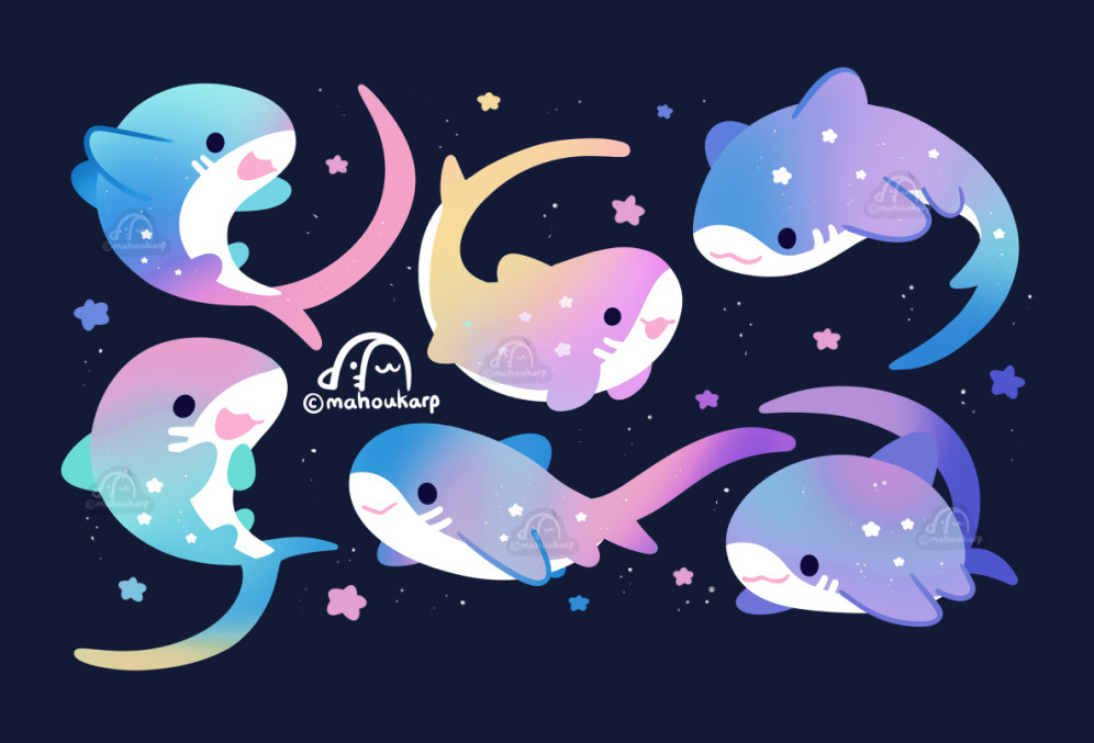 Illustration of thresher sharks. Thresher sharks are iridescent in color so this image features a bunch of colorful rainbow sharks