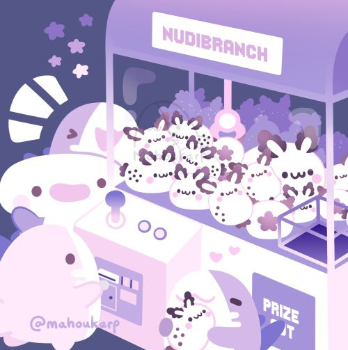 Illustration of sharks at an arcade playing on a ufo catcher. The prizes are sea bunnies also known as nudibranchs. Colors used are mainly pastel pinks and purples 