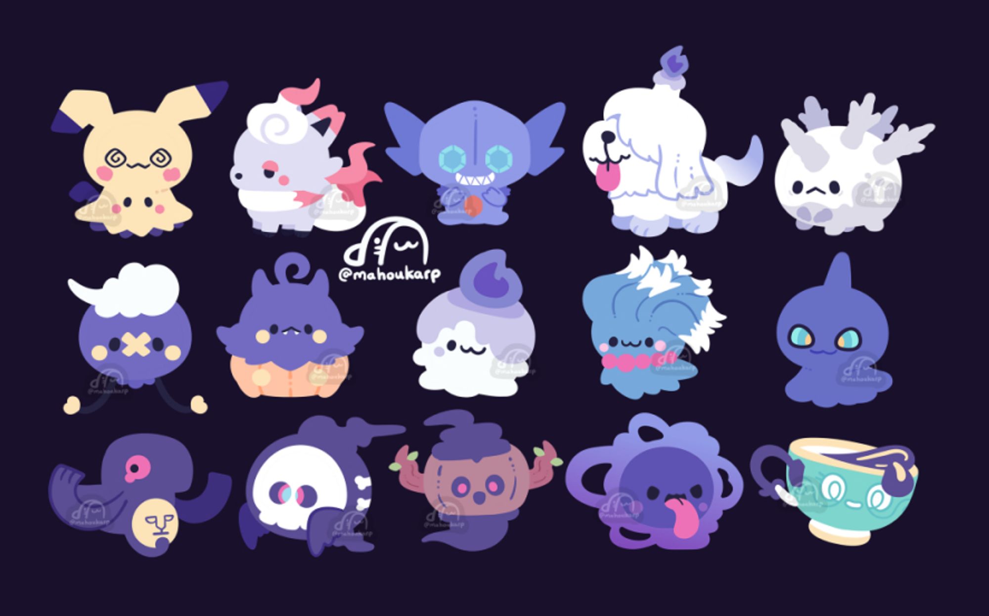 illustration of some ghost pokemon

featured are mimikyu, hisuian zorua, sableye, greavard, galarian corsola, drifloon, pumpkaboo, litwick, misdreavus, shuppet, yamask, duskull, phantump, ghastly, sinistea