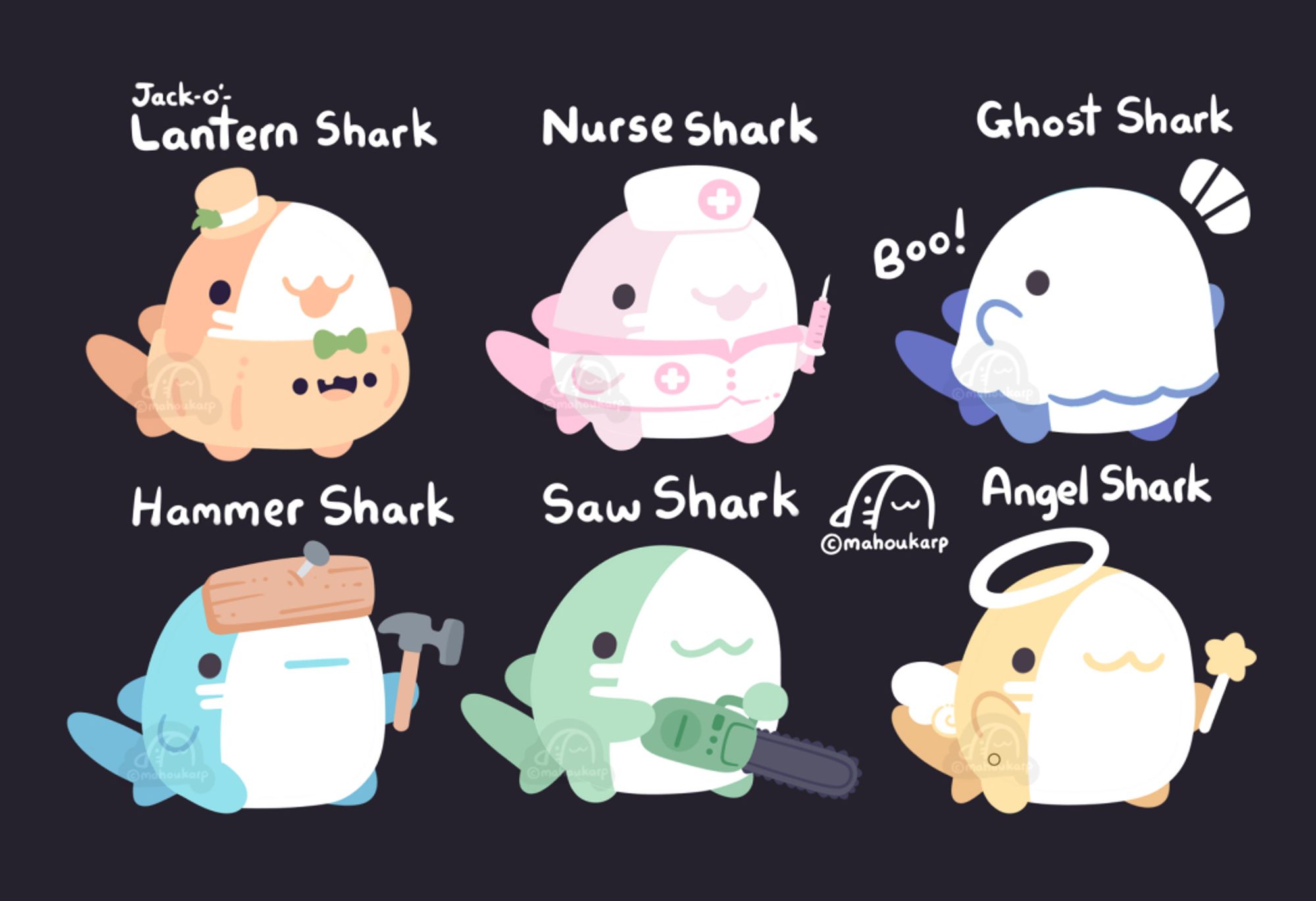 Illustrations of my Mako shark character 

These are different types of sharks but their names are taken literally

Featured are lantern shark, nurse shark, ghost shark, hammer shark, saw shark, angel shark