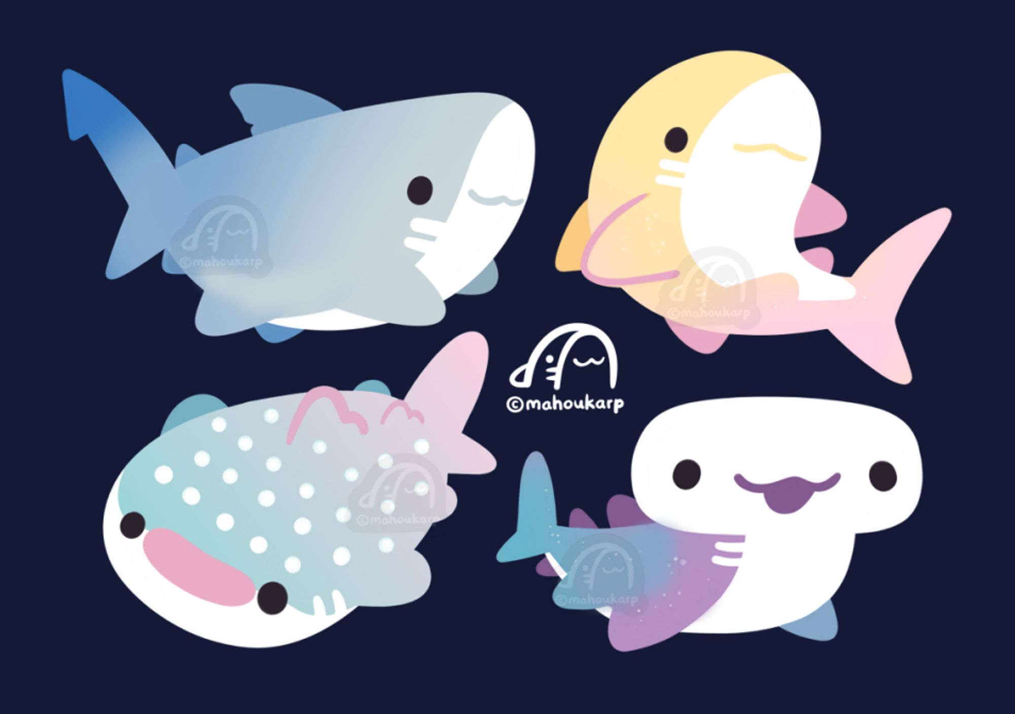 illustrations of some sharkies 

featured are a white shark, lemon, whale, and hammer 

I like sharks