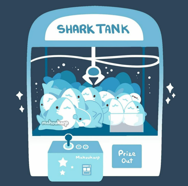 Illustration of Mako Sharks inside of a crane game. Inside the tank is filled with water. Colors used are mainly shades of blue and white. 