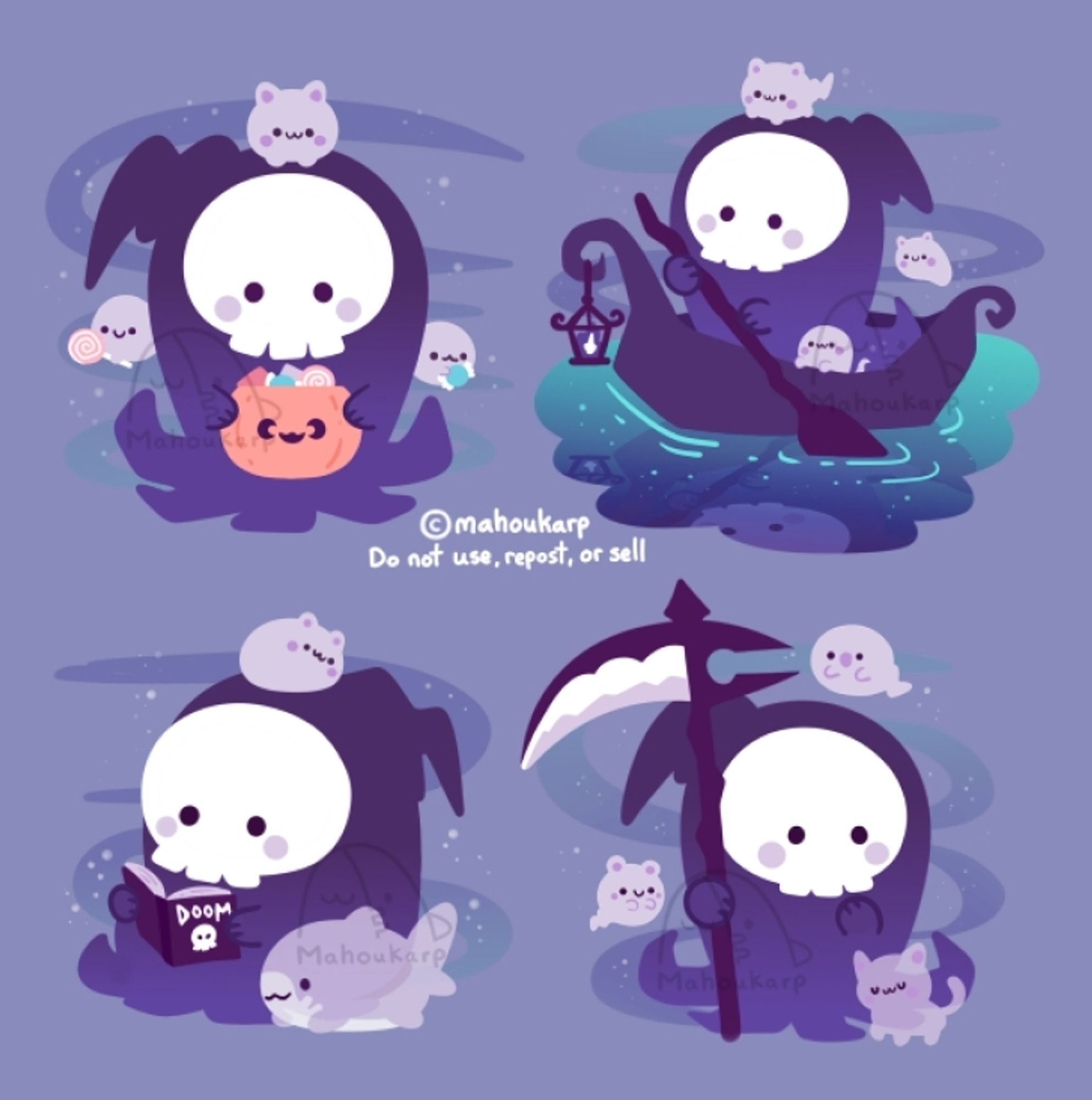 illustration of a tiny reaper 

Hes guiding lost pets owo 

Colors used are mainly purple and lavender and some blues