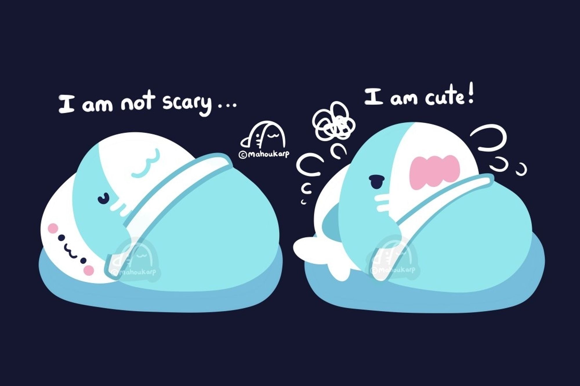 Comic of a shark sleeping in bed with a seal pillow

First image: Shark talking in sleep saying "I am not scary"

Second image: Shark waking up and saying "I am cute!"