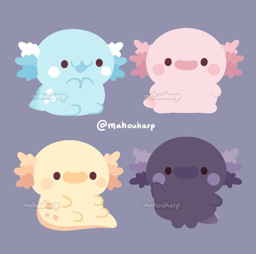 Illustration of some axolotls, there's a blue, pink, yellow, and purplish one. 

The insides of their heads are empty, no thoughts at all.