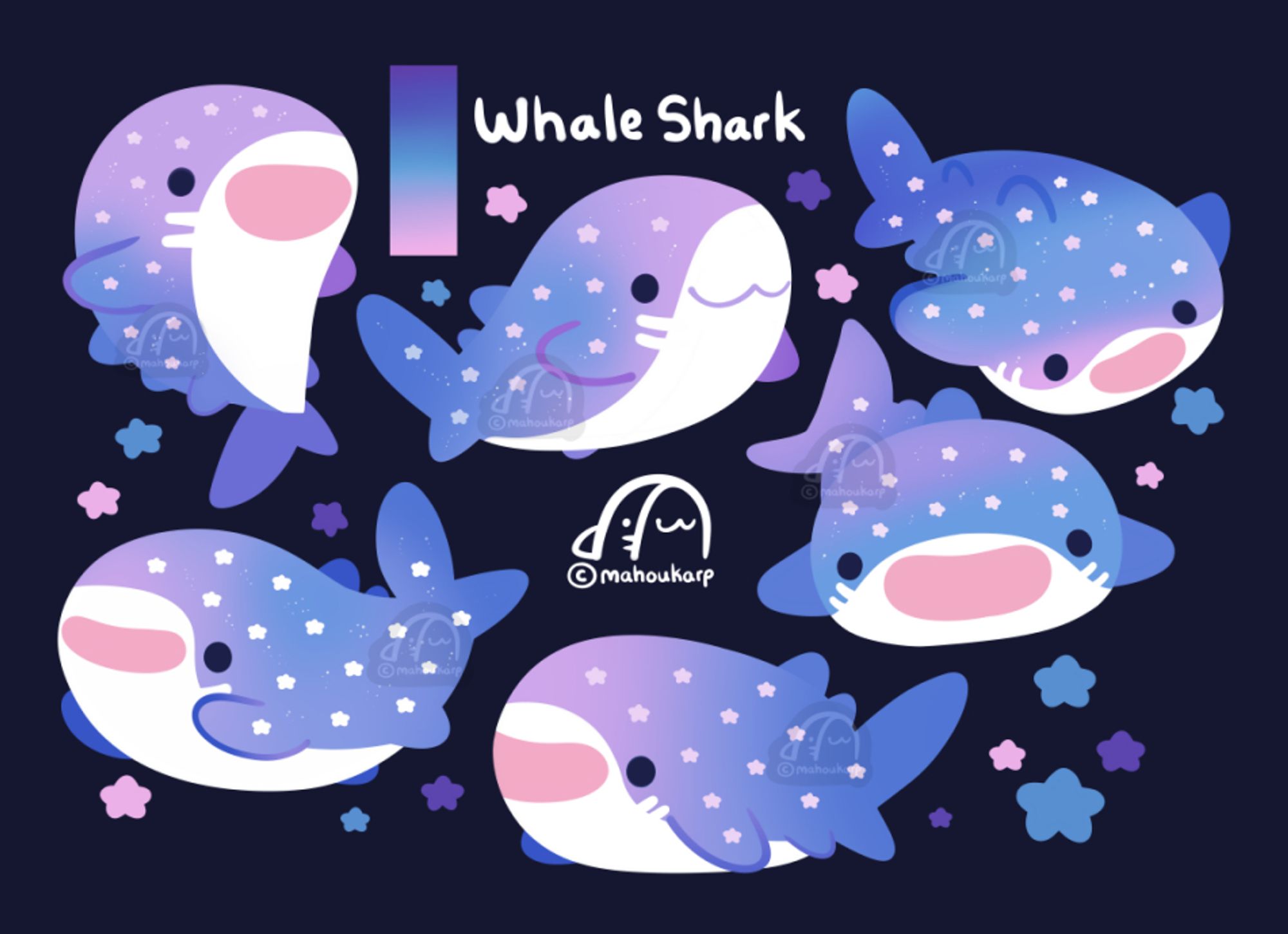 Illustration of whale sharks thats are pink, blue, and purple gradient colored