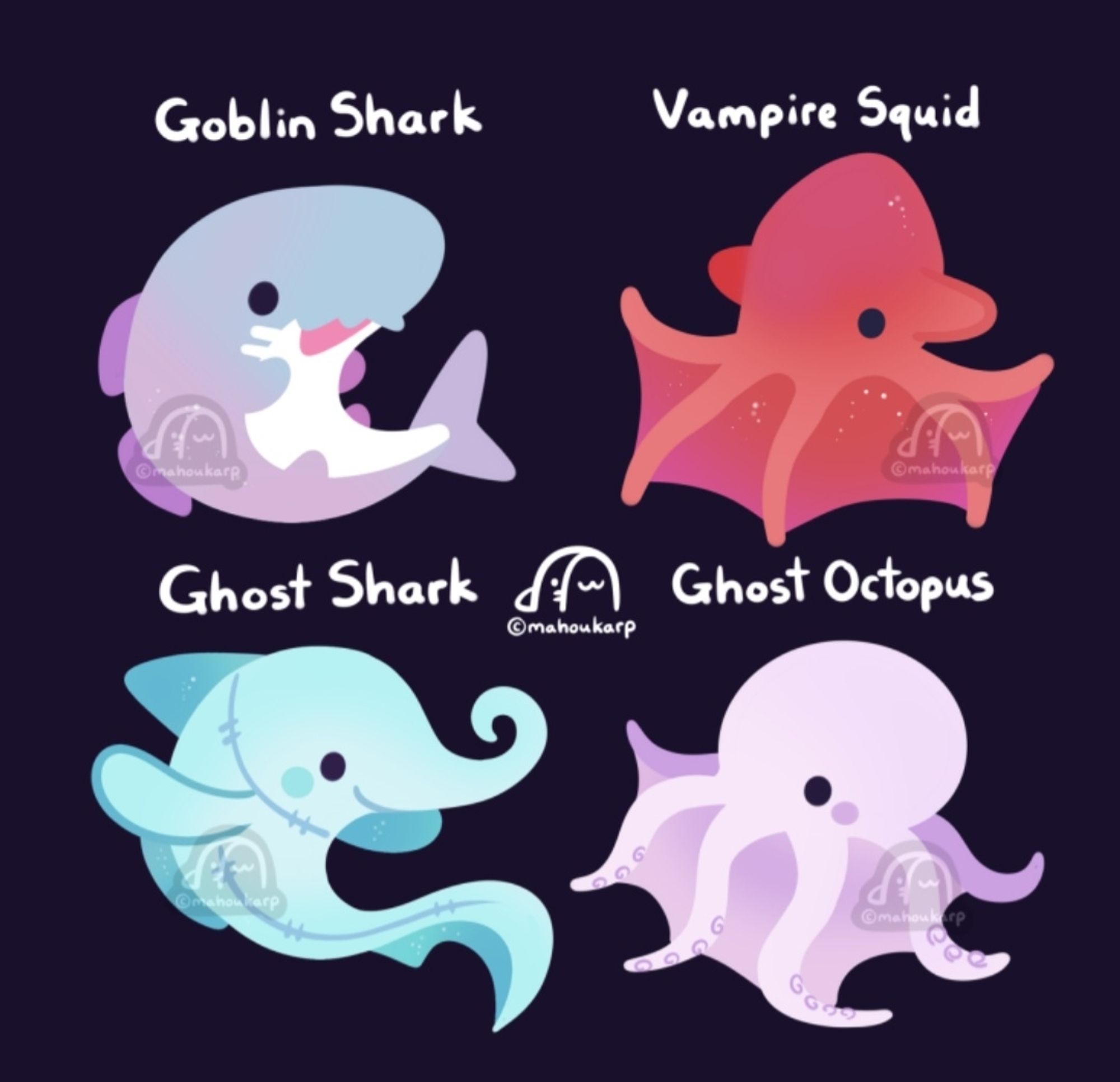 Illustration of some spooky sea animals 

featured are goblin shark, vampire squid, ghost shark, and ghost octopus