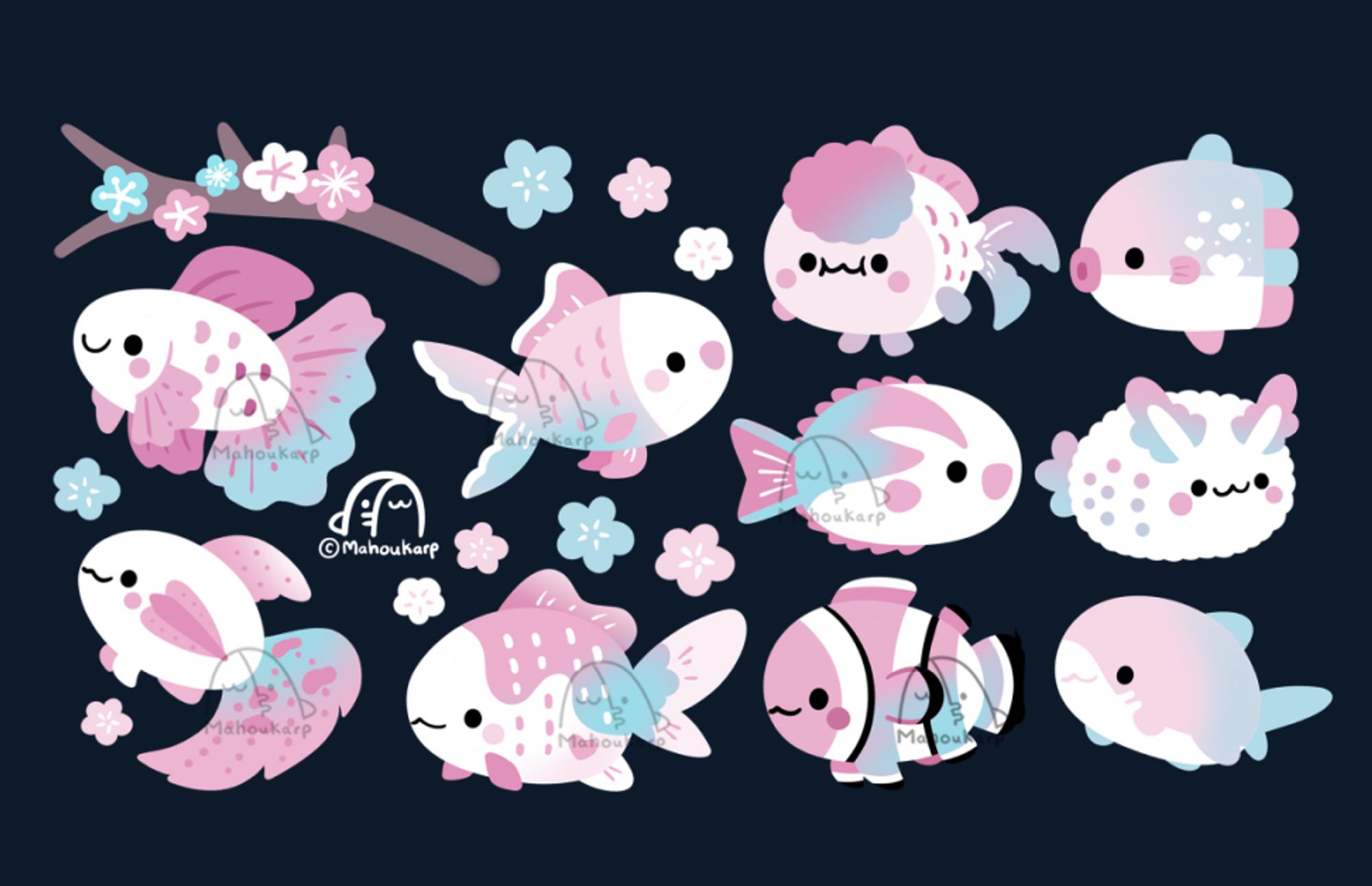 Illustration of a variety of sea animals mostly fish. They are pink and blue colored