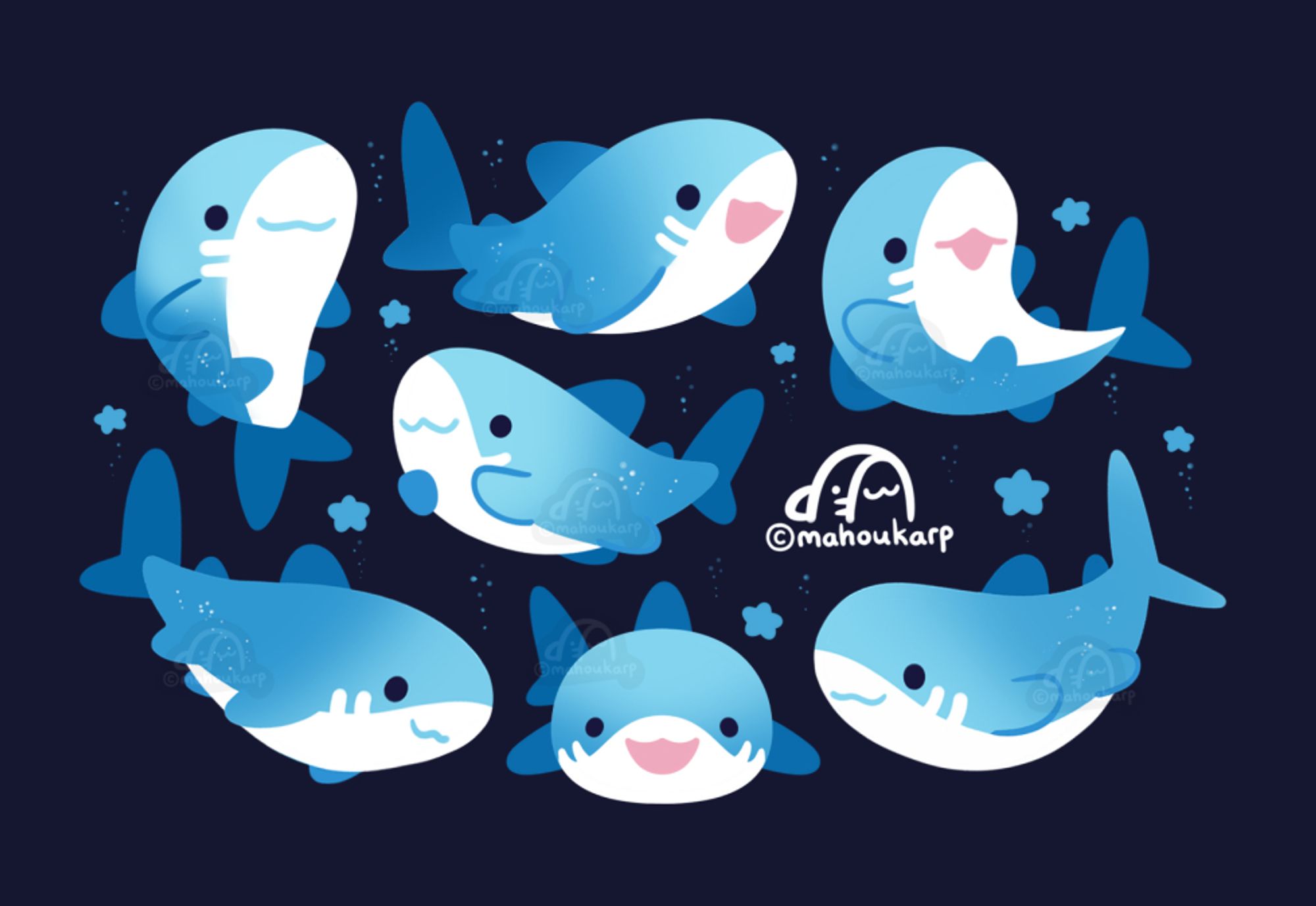 Illustration of a bunch of Mako Sharks. The colors used are white, blue, and a gradient dark blue