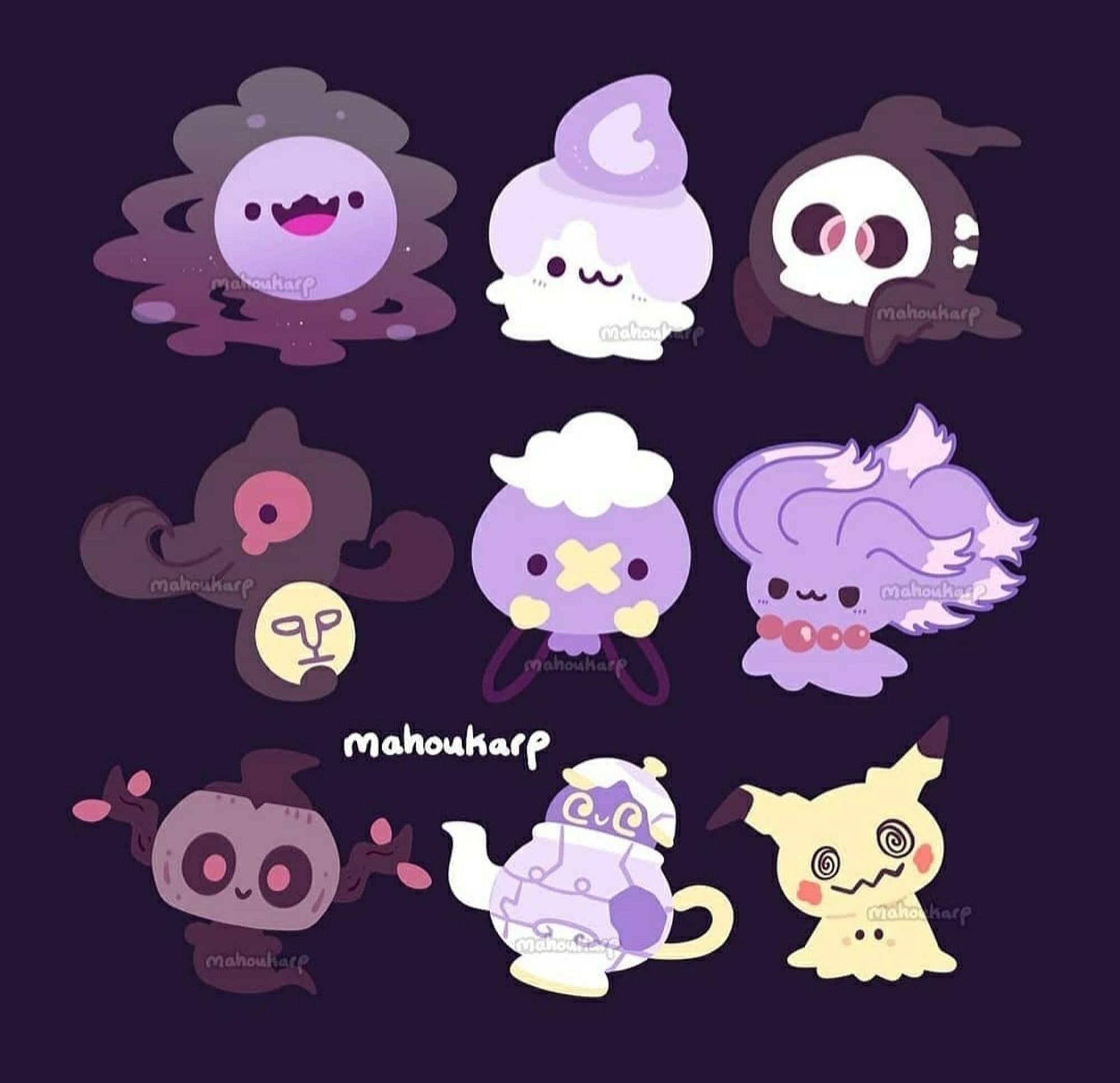 Illustration of some ghosf pokemon

Featured are ghastly, litwick, duskull, yamask, drifloon, misdreavus, phantump, polteageist, and mimikyu