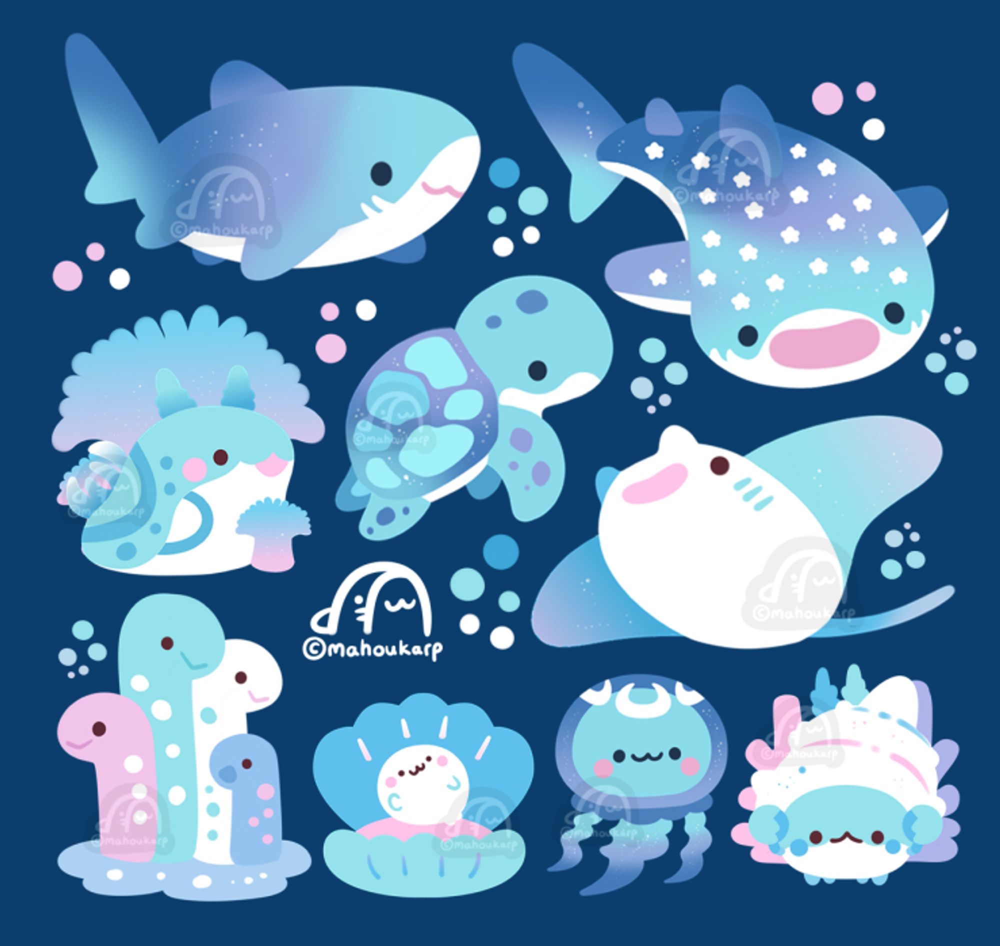 Illustration of sea creatures

Drawings have a pastel blue pink purple color pallete 

Animals featured are mako shark, whale shark, nudibranch, sea turtle, manta ray, garden eel, seal, moon jelly, hermit crab