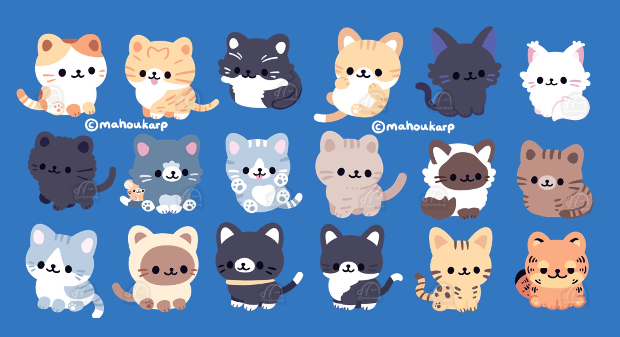 Illustration of a variety of cats. There are some cats making a cameow so you might recognize some hehe

These are for sticker sheets coming soon