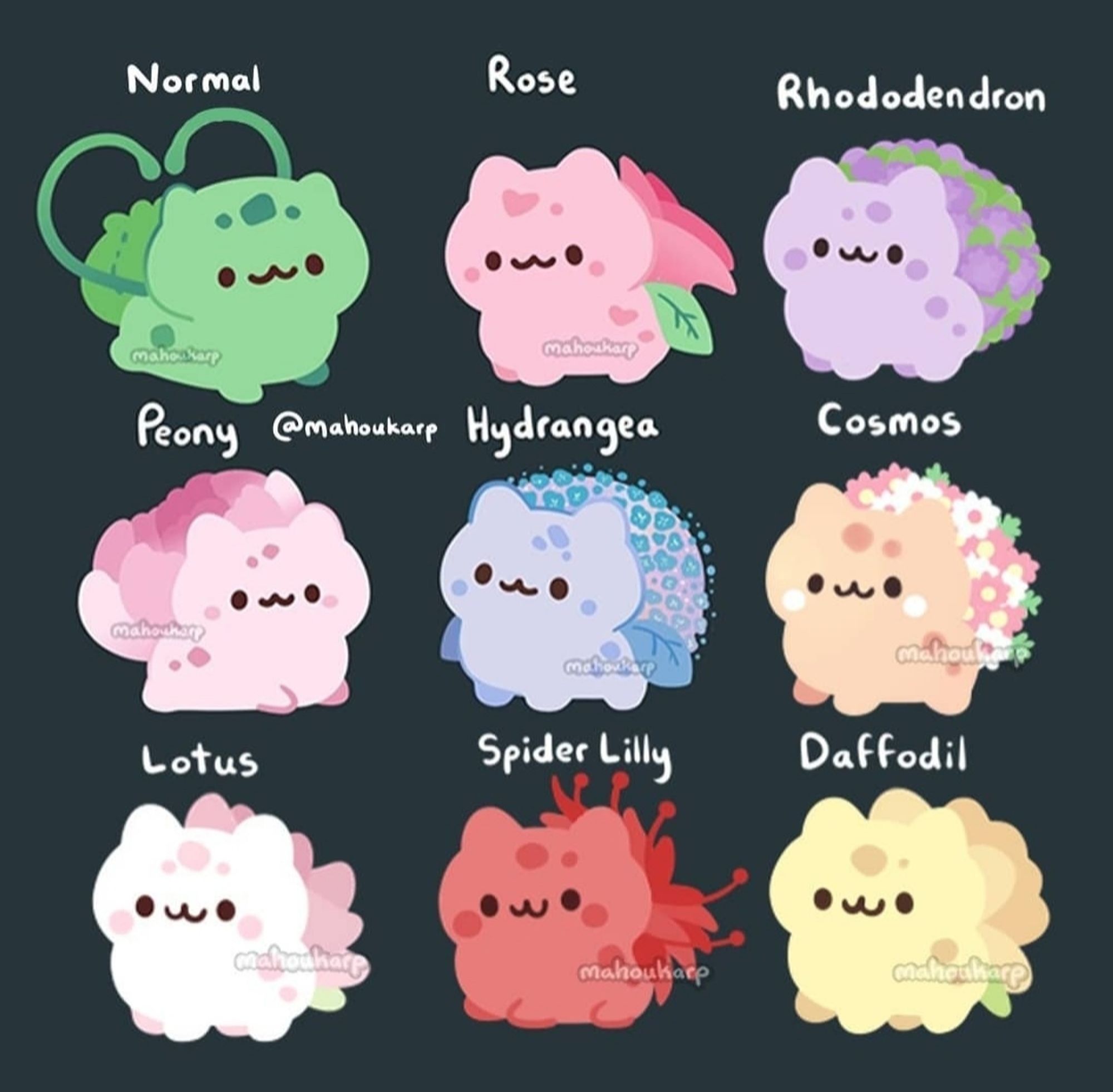 Illustration of a bunch of bulbasaurs from pokemon 

they are each based on different flowers