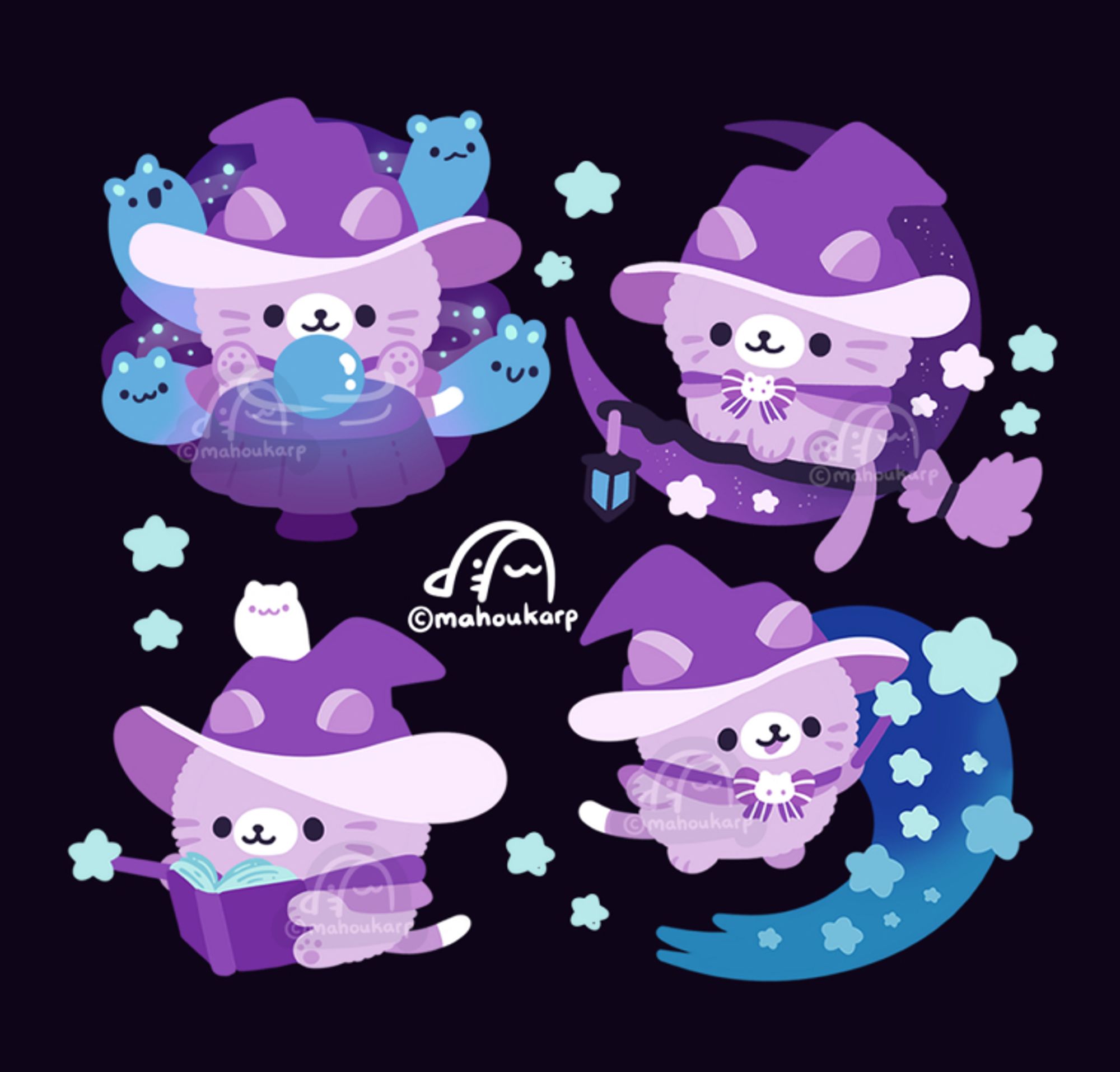 Illustration of a round purplish cat with a witches hat doing witchy things such as reading a crystal ball, riding a broom, reading a spell book, and casting magic. They have little ghost friends surrounding them and the colors used are mainly purples and blues.