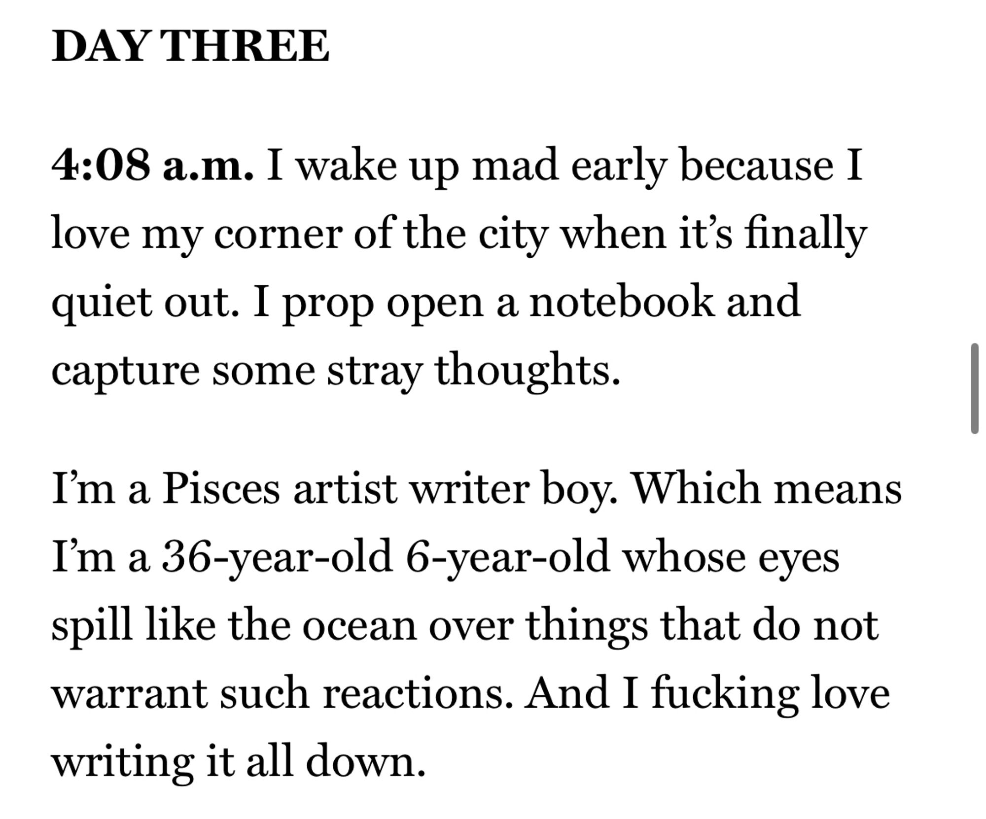 DAY THREE 

4:08 a.m. I wake up mad early because I love my corner of the city when it’s finally quiet out. I prop open a notebook and capture some stray thoughts.

I’m a Pisces artist writer boy. Which means I’m a 36-year-old 6-year-old whose eyes spill like the ocean over things that do not warrant such reactions. And I fucking love writing it all down.