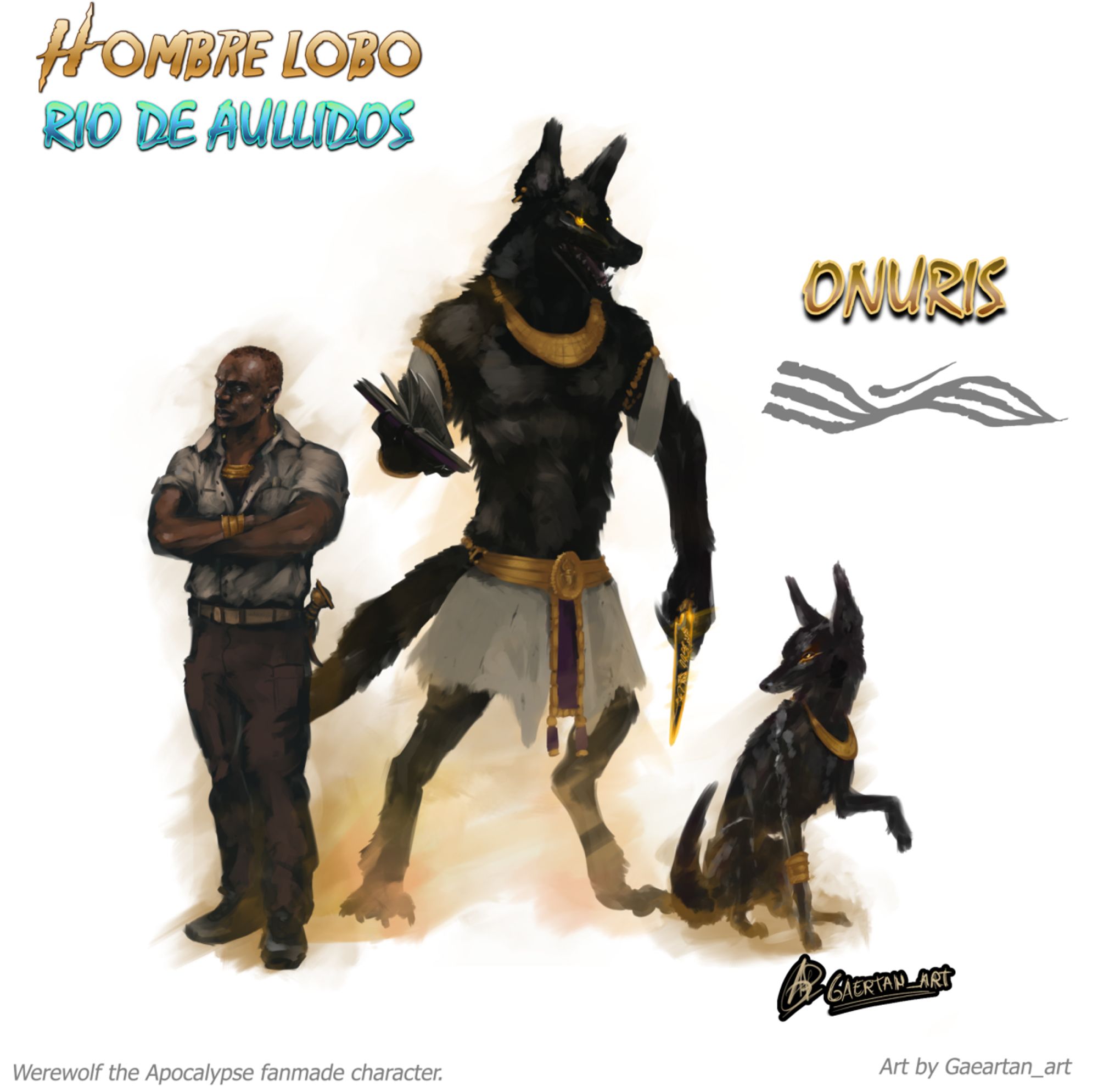 digital illustration depicting a dark skinned, stern looking,short haired(almost bald) man, with a werewolf and feral wolf,anubis and jackal inspired,secondary forms. They appear noble. Sand or yellow glowy effects encase their shape.