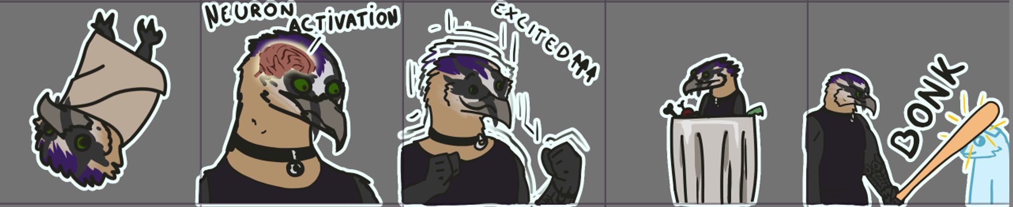 Picture of several stickers of an anthropomorphic bearded vulture including a "blanket burrito", neuron activation meme, excited sticker, "in trash" sitkcer, and a bonk sticker