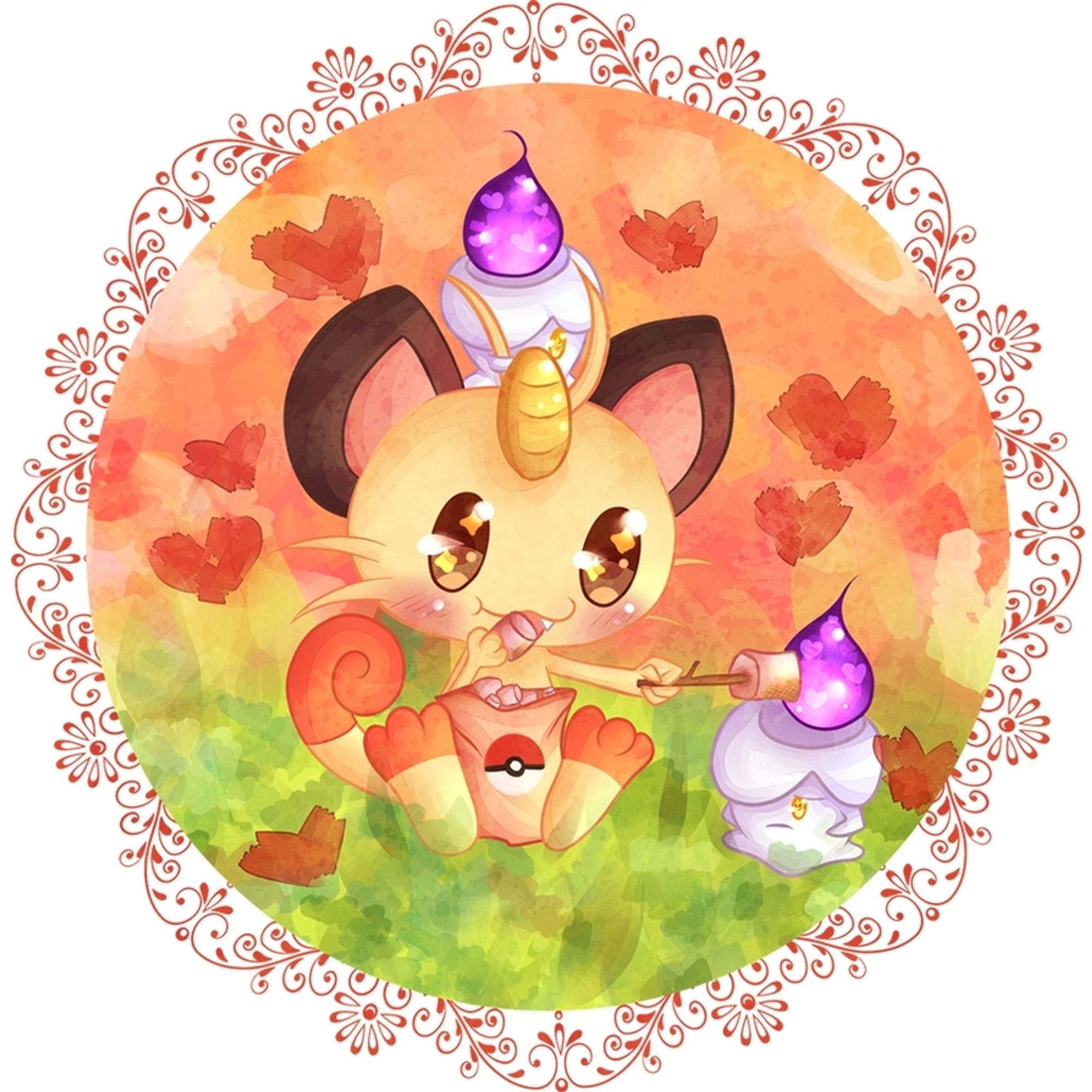 Pokemon fanart of Meowth eating marshmallows. He's trying to roast marshmallow over Litwick's flame. Litwick looks annoyed. There's another Litwick at the top of Meowth's head. The colors are warm.