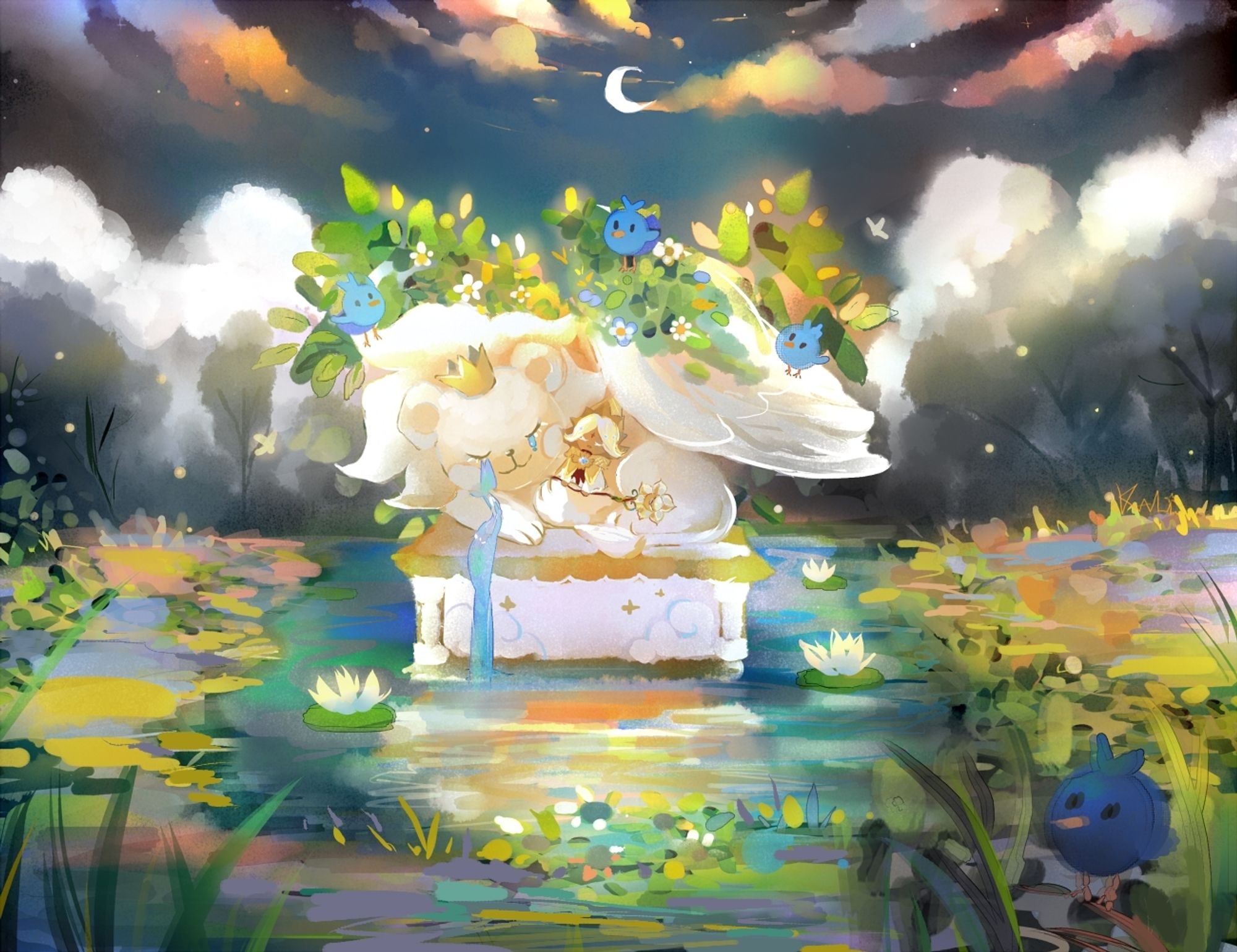 Digital fanart of the character Pure Vanilla cookie from Cookie Run Kingdom, he's sleeping peacefully on a lion-like statue with wings. The general atmosphere feels like a fairy tale, there's some blue round birds around and the scenery is a greenery place/forest.