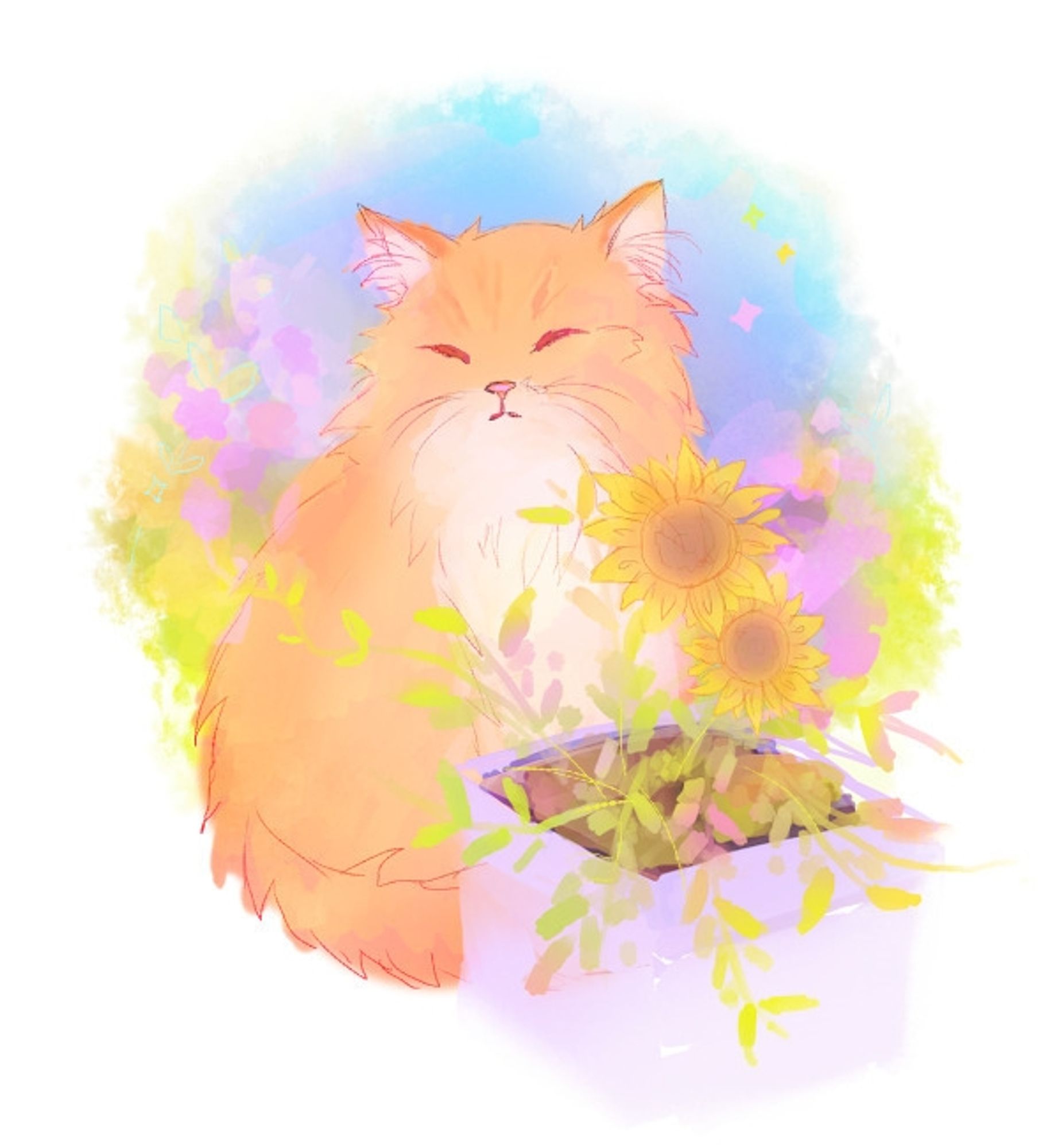 Digital art of a fluffy warm orange cat relaxing besides plants/sunflowers. It is inspired from my own cat.