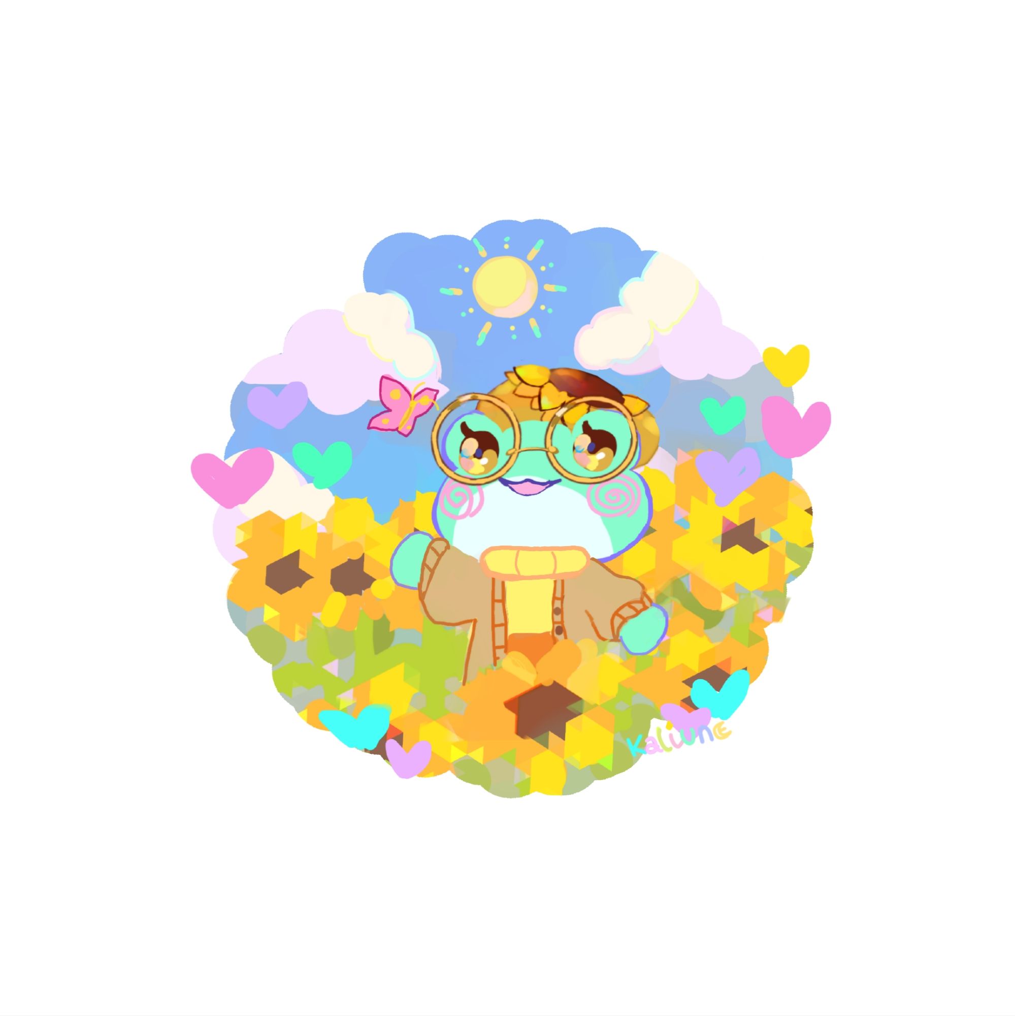 Digital art of @Laureliere frogsona in a field of sunflowers.