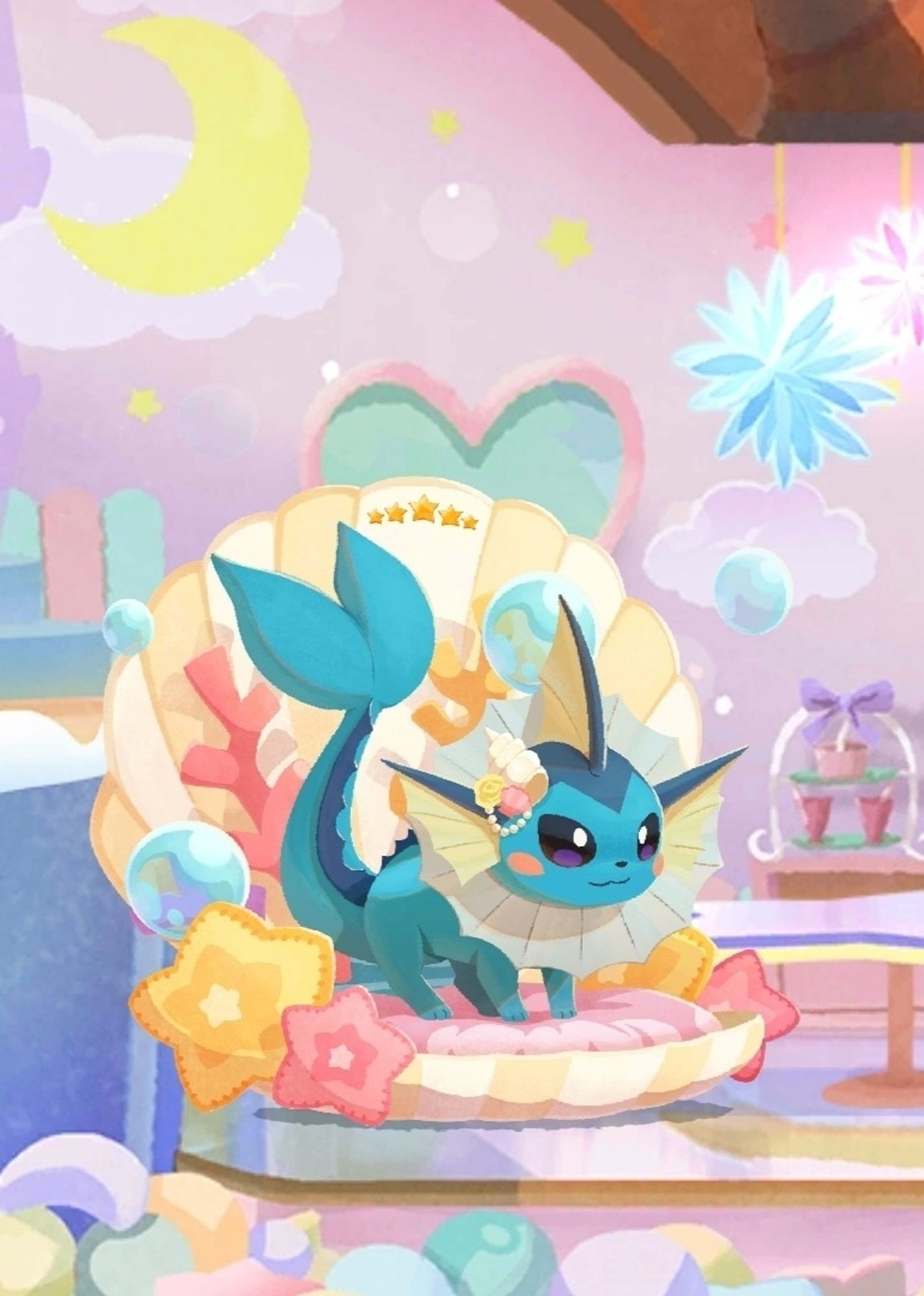 Screenshot from the game Pokémon Café Remix. Vaporeon is on a cute decorated seashell with seashells accessories on its head.