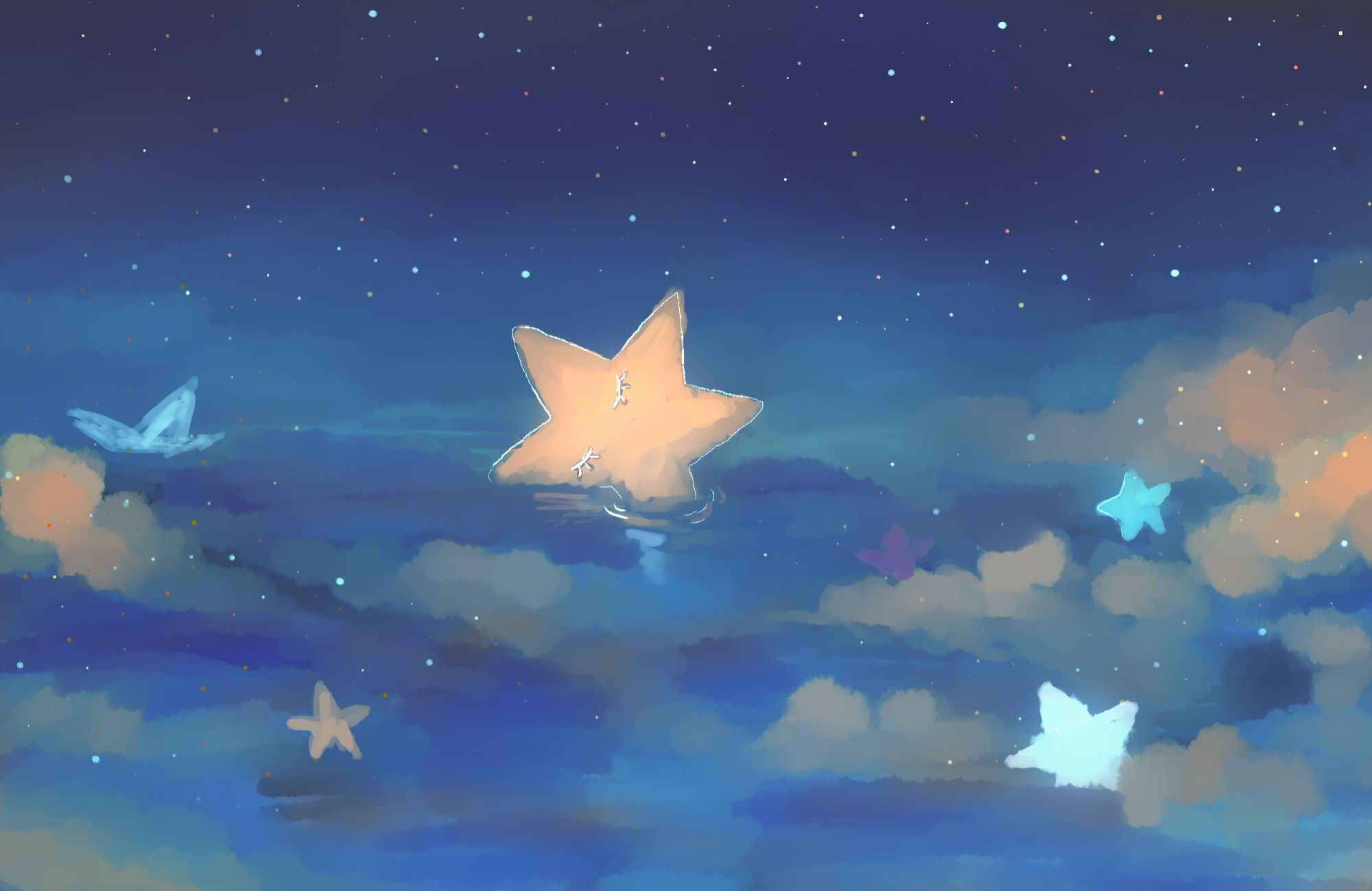 Digital art of some stars on water with different colors and sizes. The background is cloudy and starry.