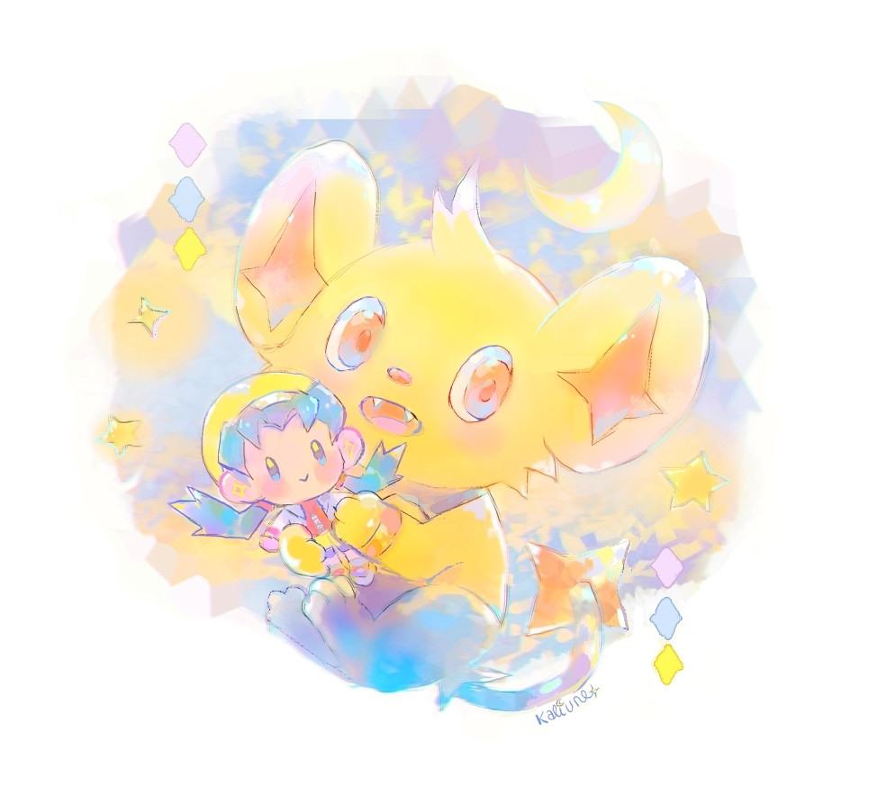 Pokemon fanart art of a shiny shinx holding a plushie of kris the protagonist of pokemon crystal.